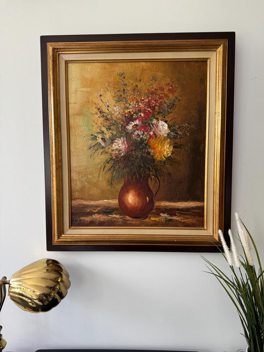 Tableau fleurs peinture à l'huile cadre en bois vintage