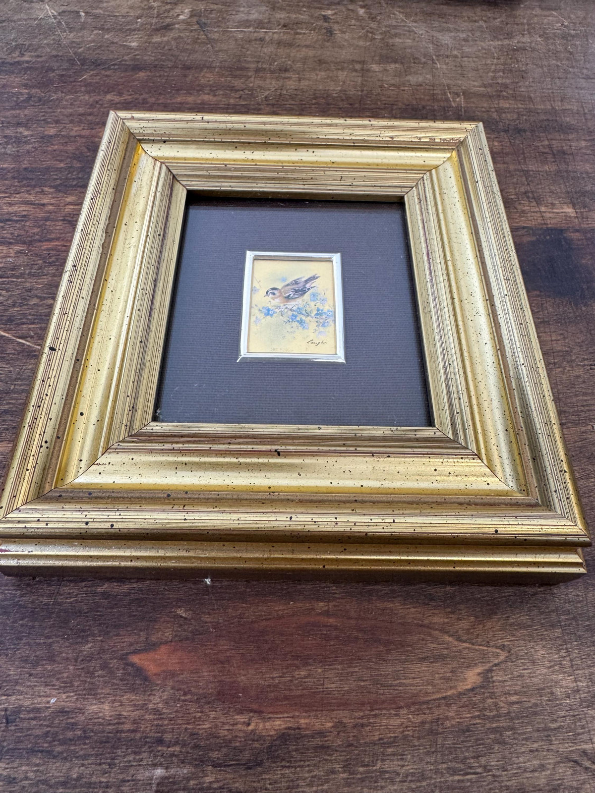 Tableau oiseaux fleurs vintage Italie feuille d'or chromolithographie
