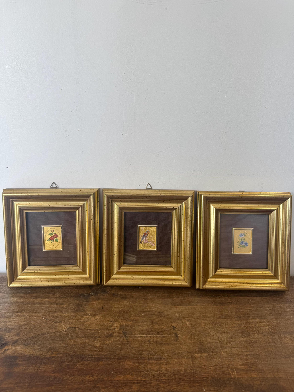 Tableau oiseaux fleurs vintage Italie feuille d'or chromolithographie