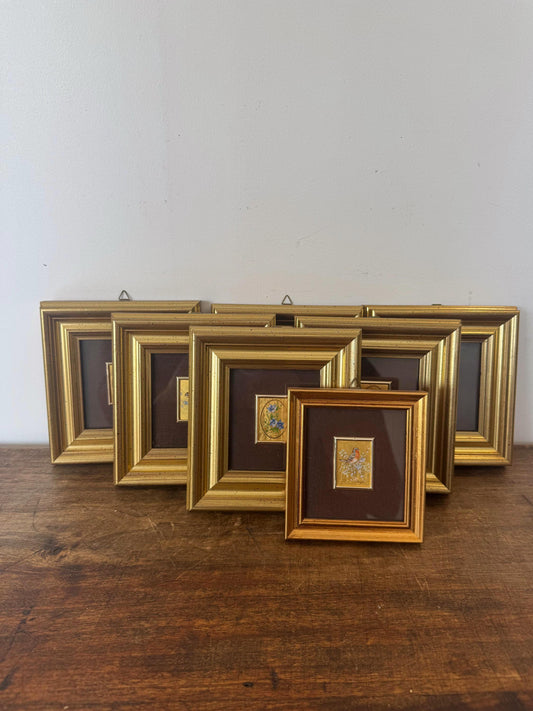 Tableau oiseaux fleurs vintage Italie feuille d'or chromolithographie