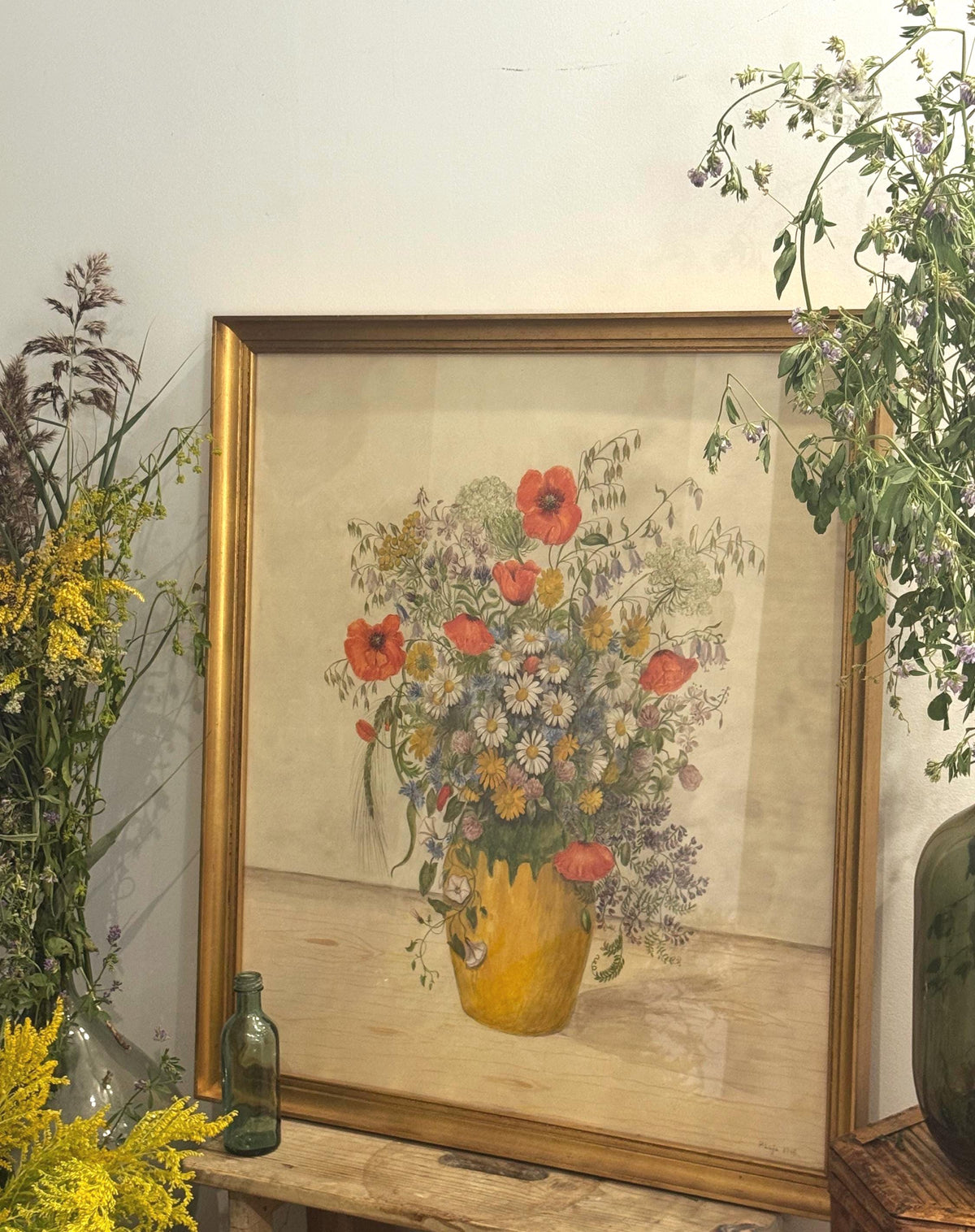 Tableau aquarelle fleurs cadre doré