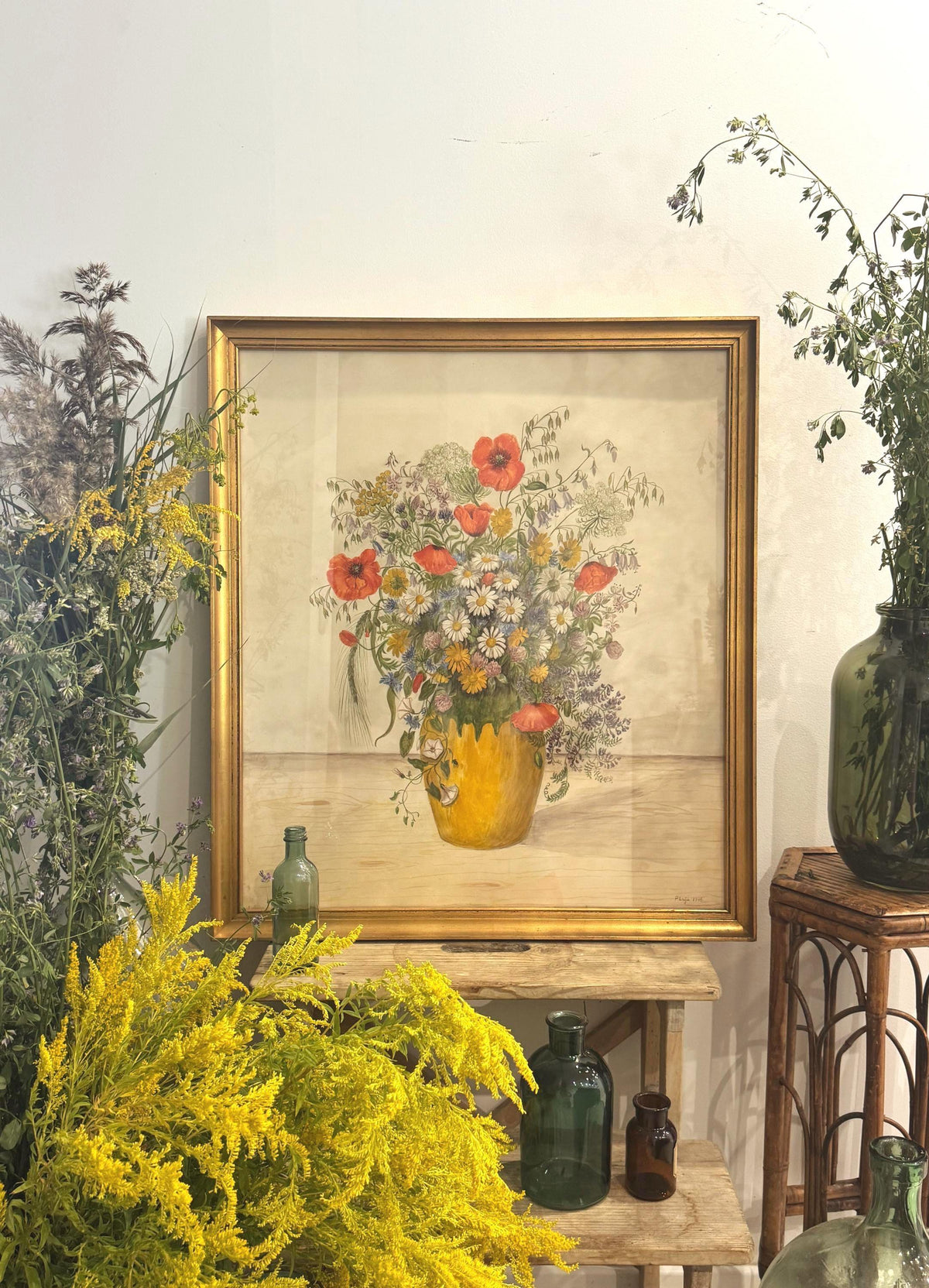 Tableau aquarelle fleurs cadre doré