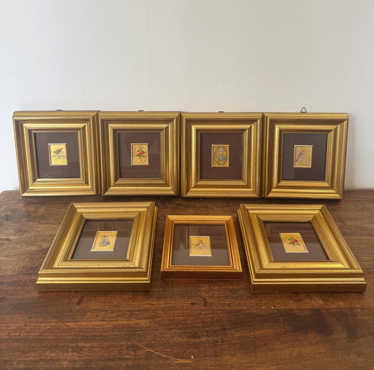 Tableau oiseaux fleurs vintage Italie feuille d'or chromolithographie