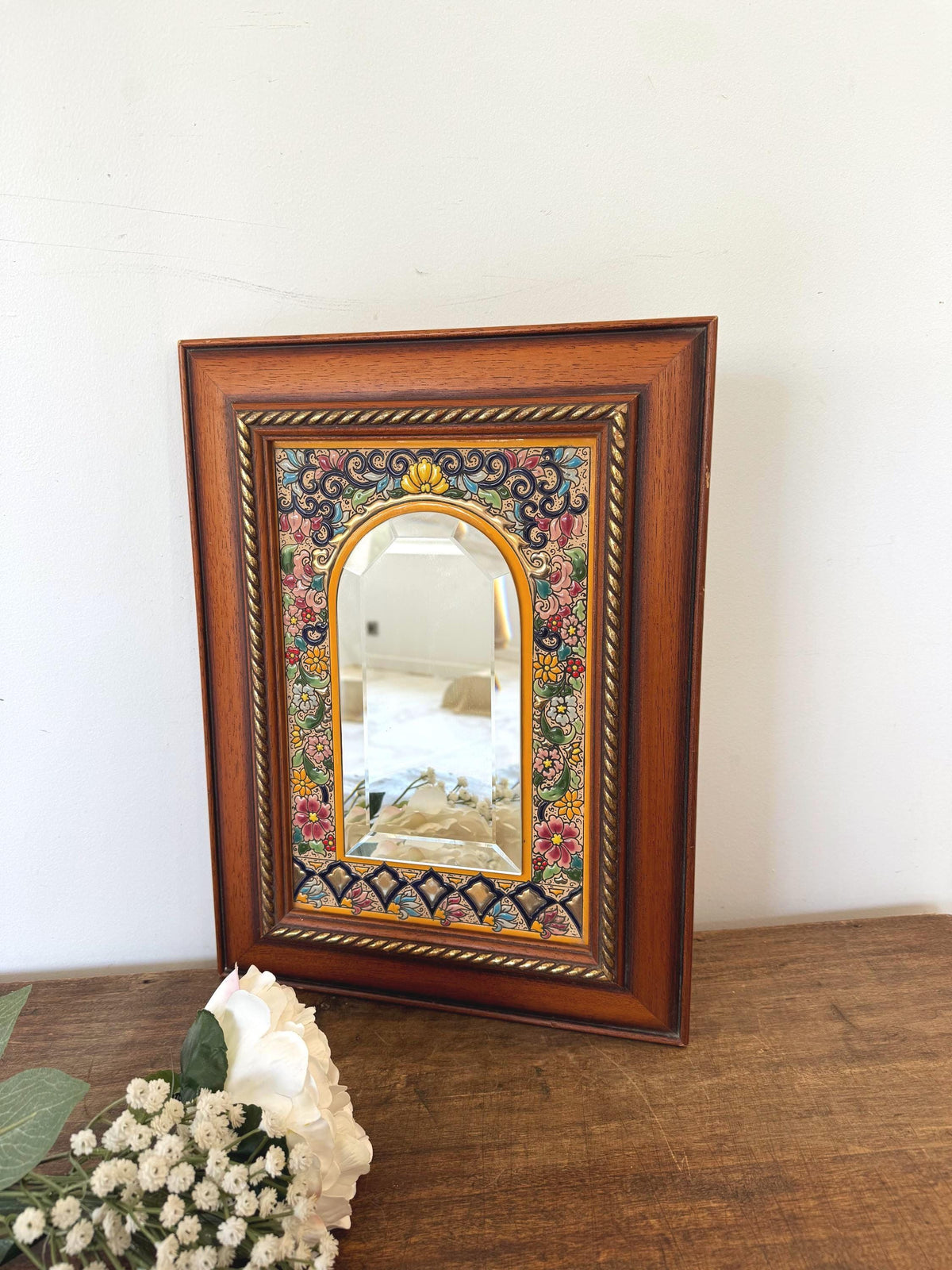 Miroir céramique bois vintage