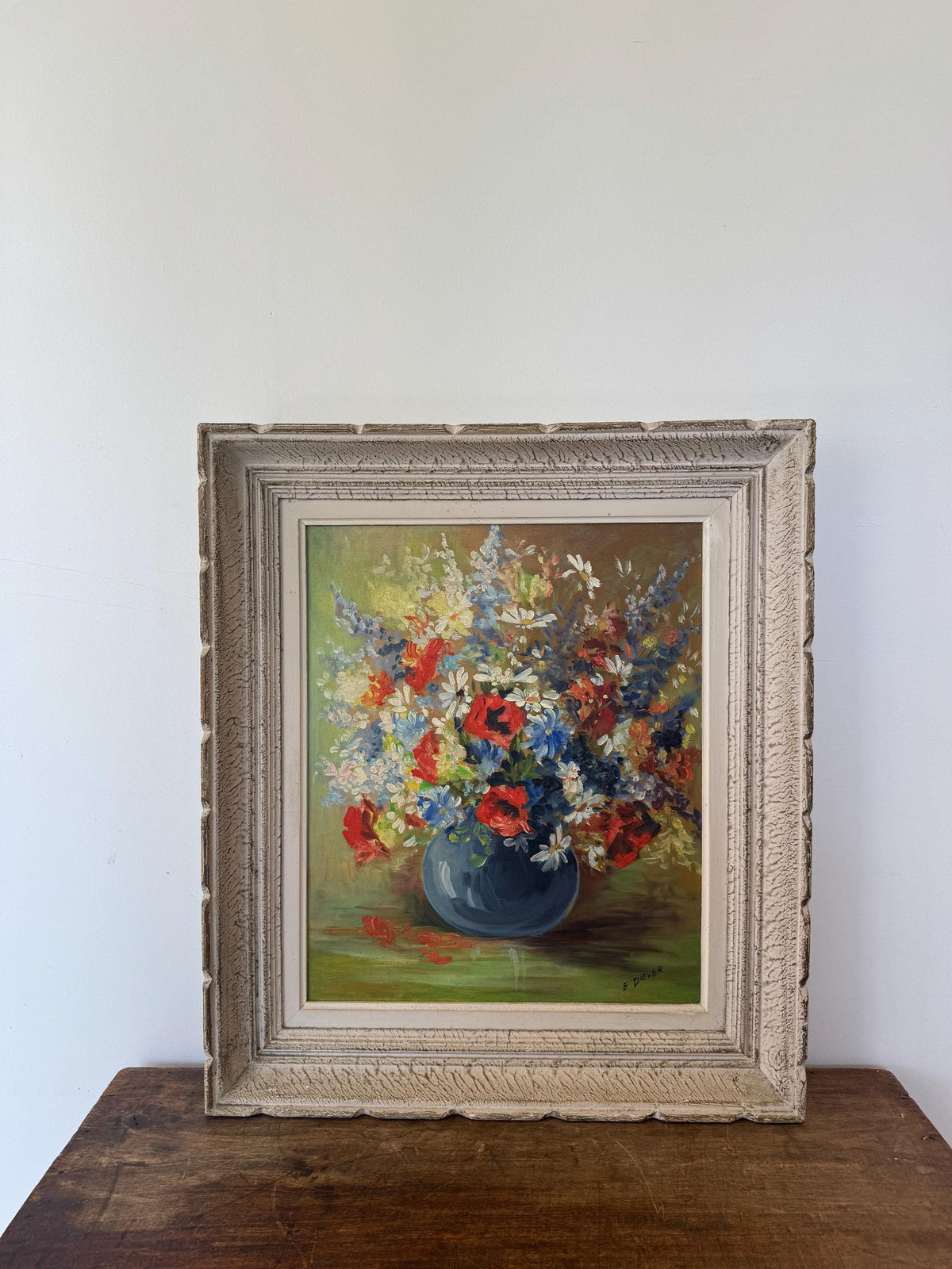 Tableau peinture à l'huile fleurs cadre bois