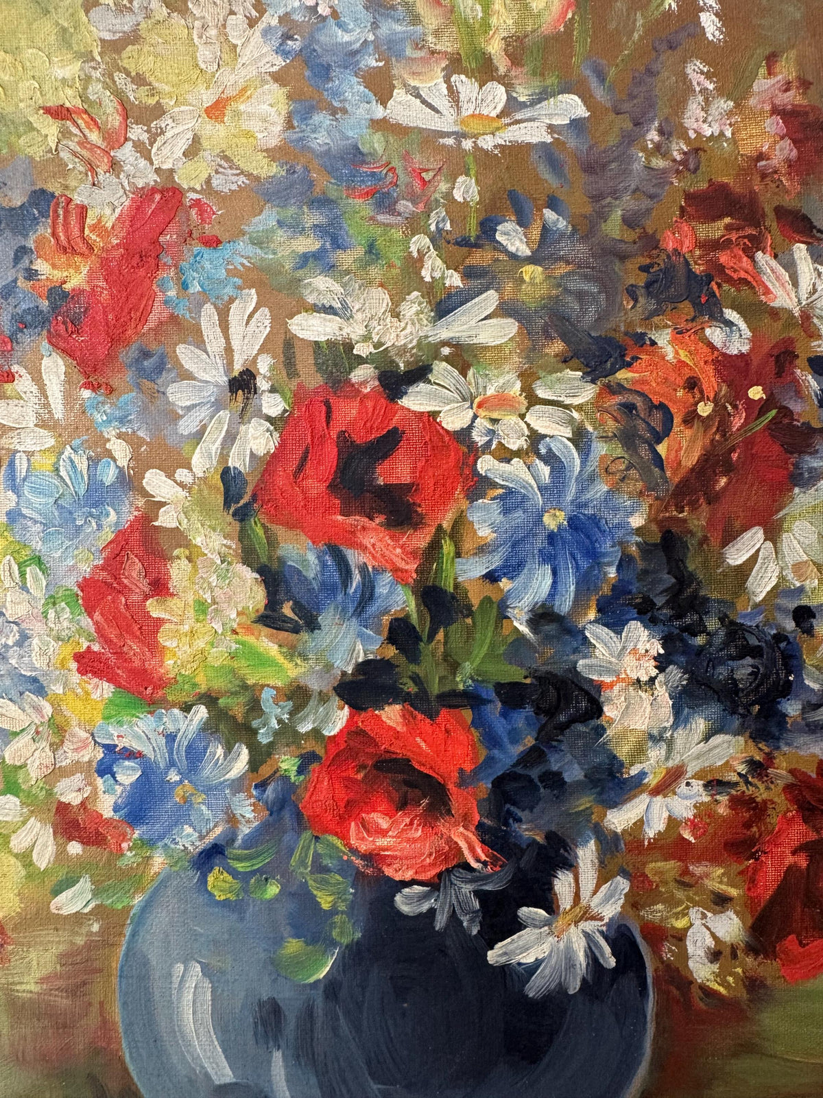 Tableau peinture à l'huile fleurs cadre bois
