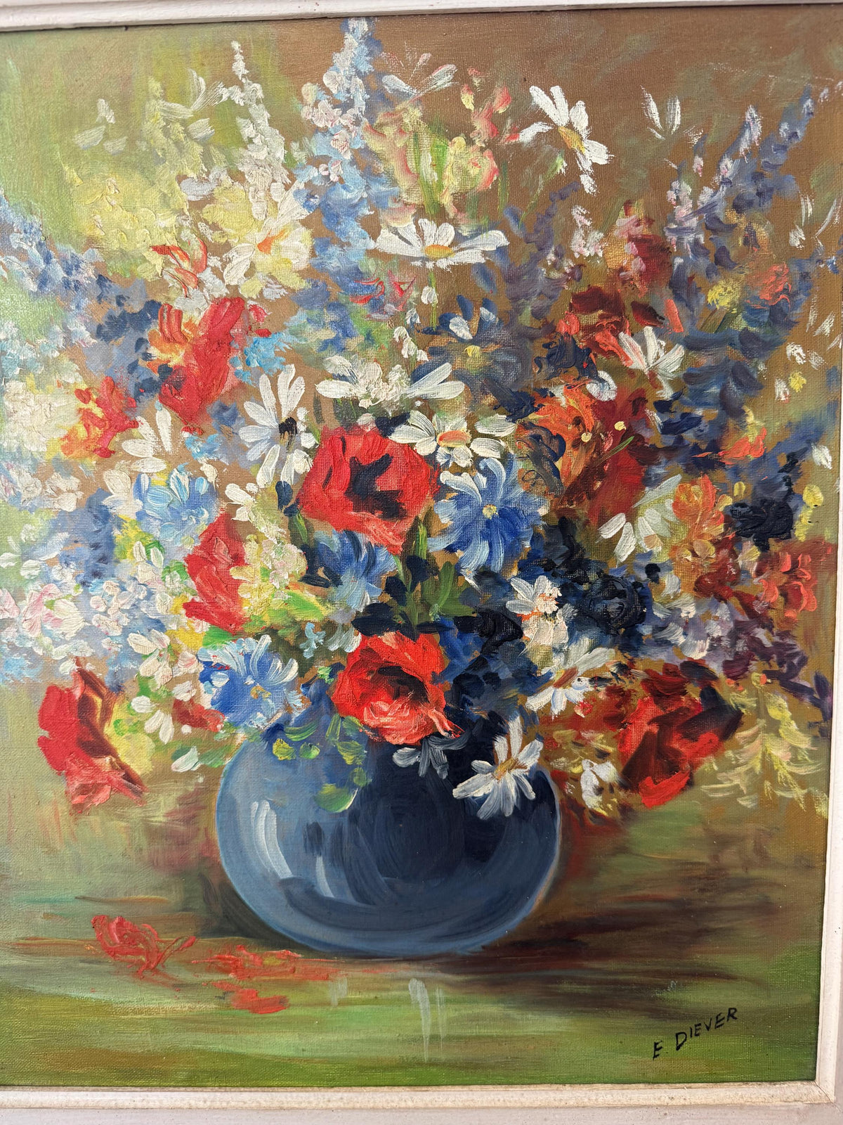 Tableau peinture à l'huile fleurs cadre bois