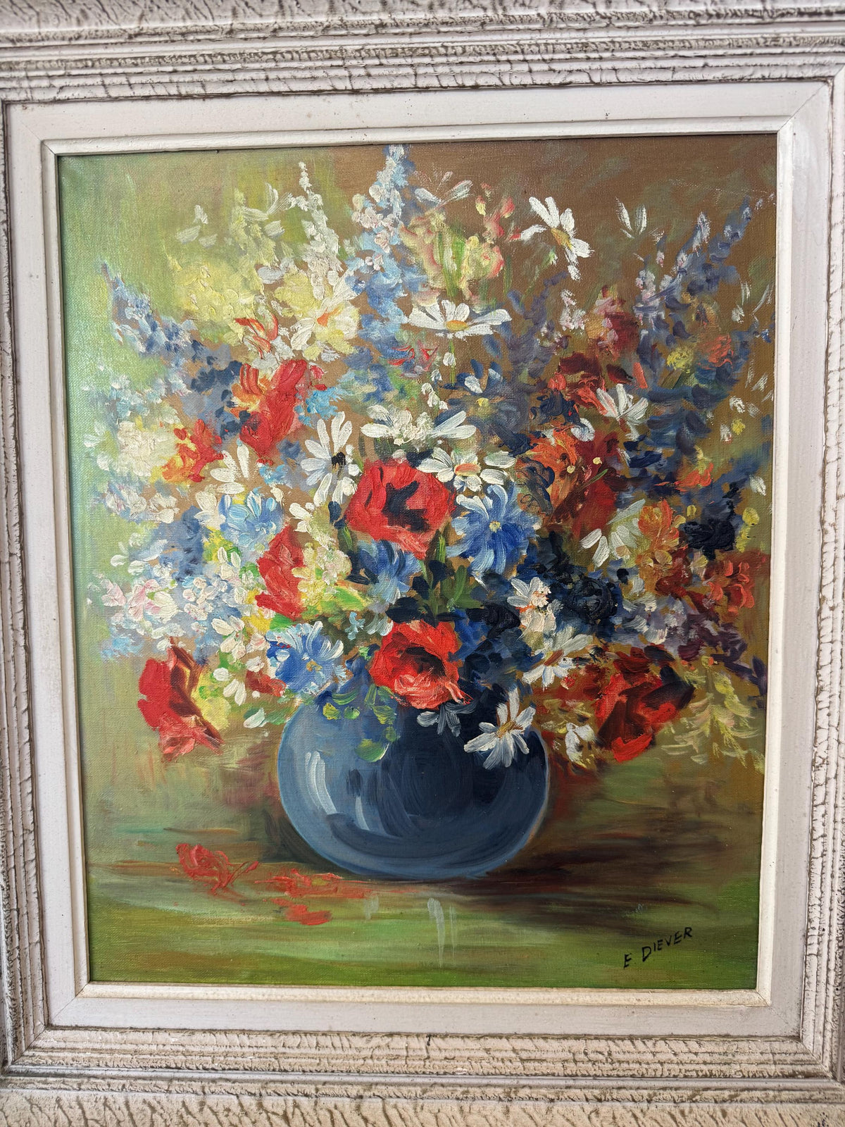 Tableau peinture à l'huile fleurs cadre bois