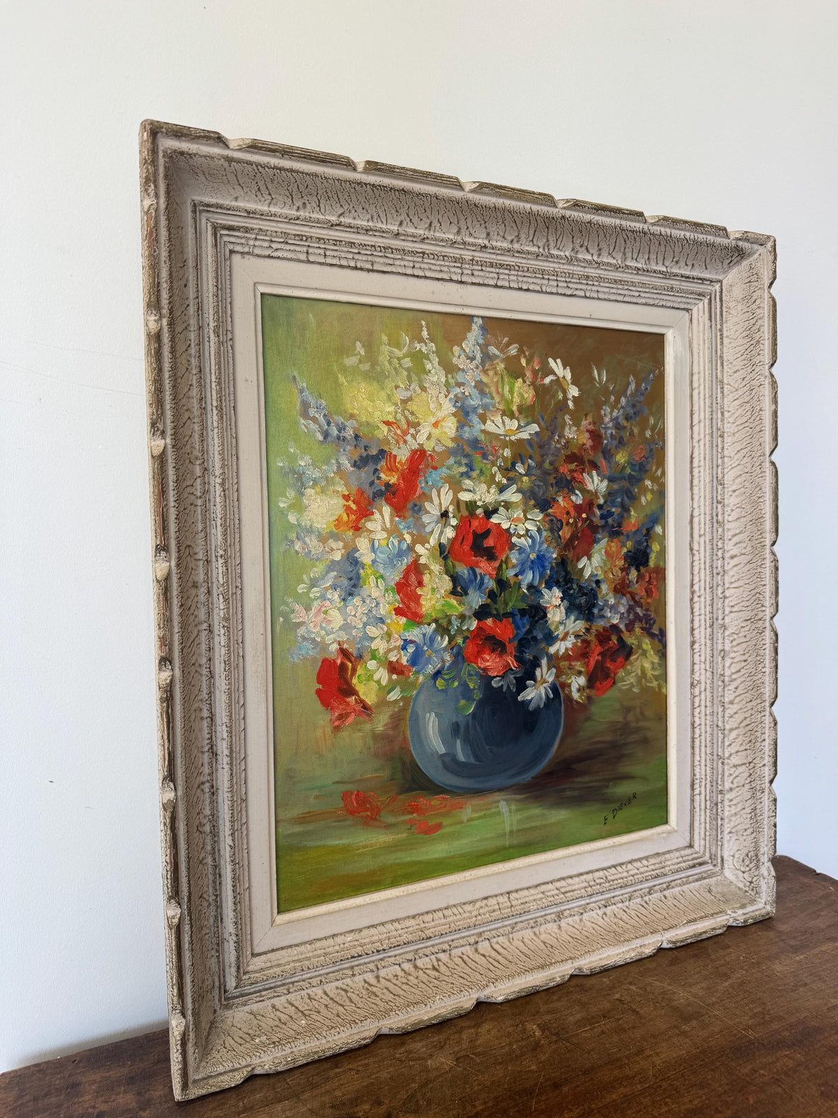Tableau peinture à l'huile fleurs cadre bois