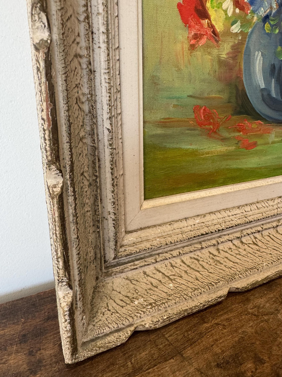 Tableau peinture à l'huile fleurs cadre bois