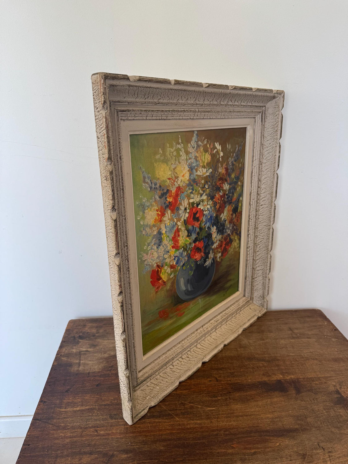 Tableau peinture à l'huile fleurs cadre bois