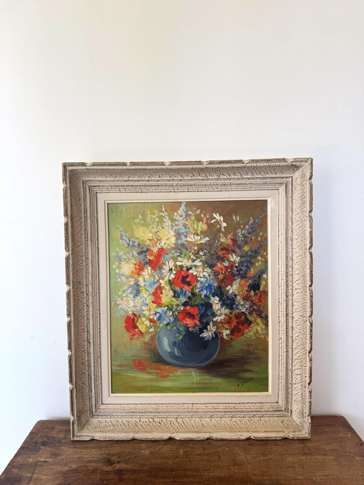 Tableau peinture à l'huile fleurs cadre bois