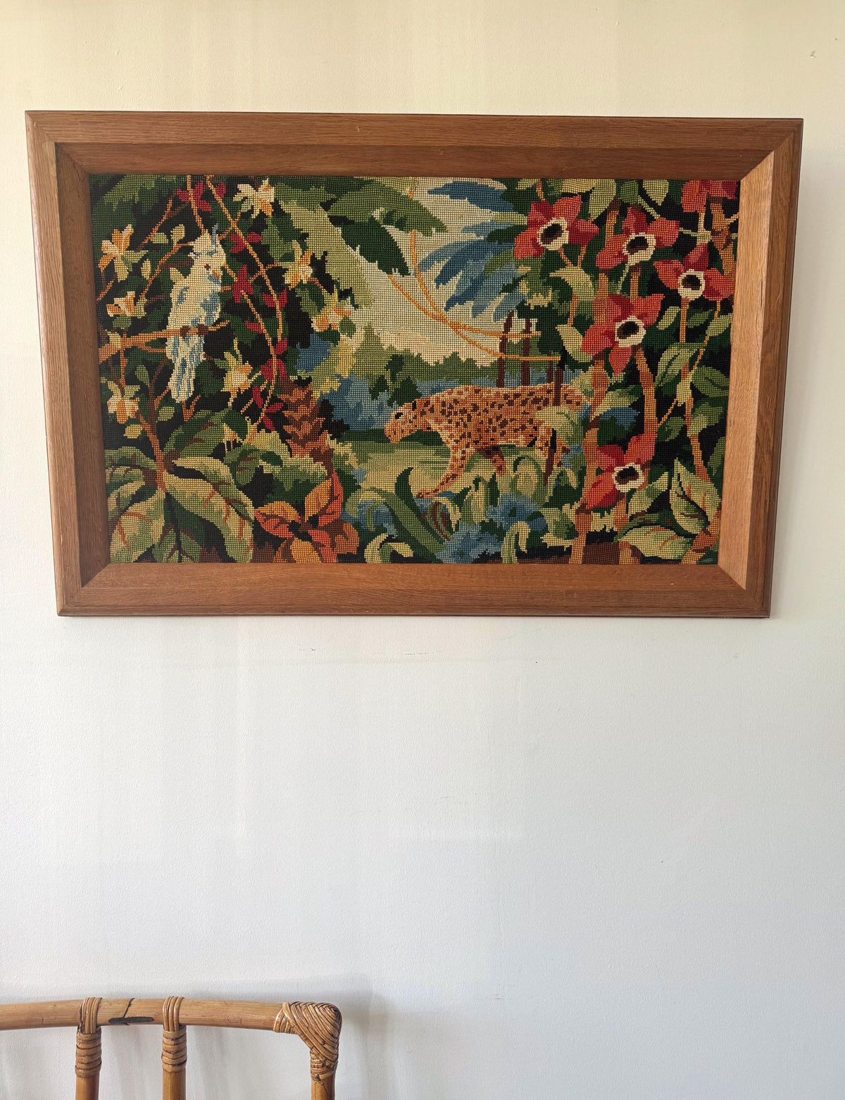 Tableau jungle broderie canevas vintage