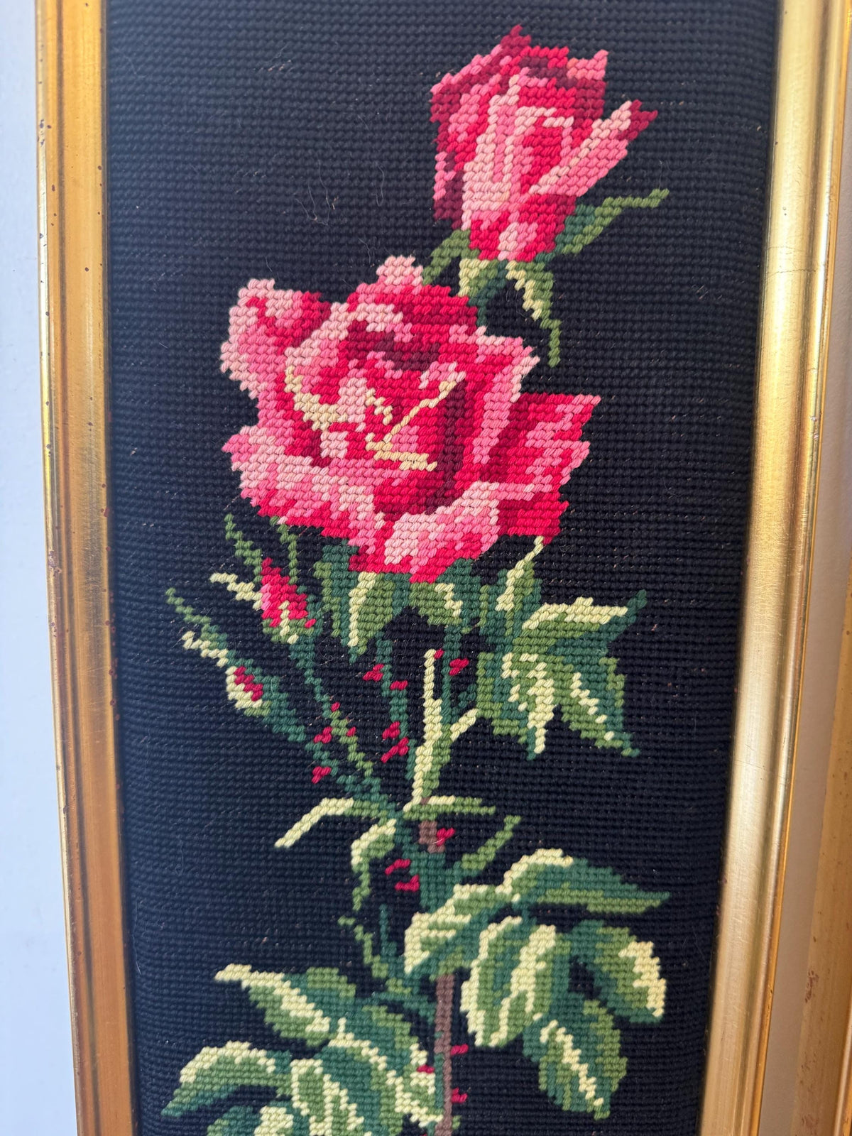 Canevas roses vintage paire tableaux fleurs fond noir
