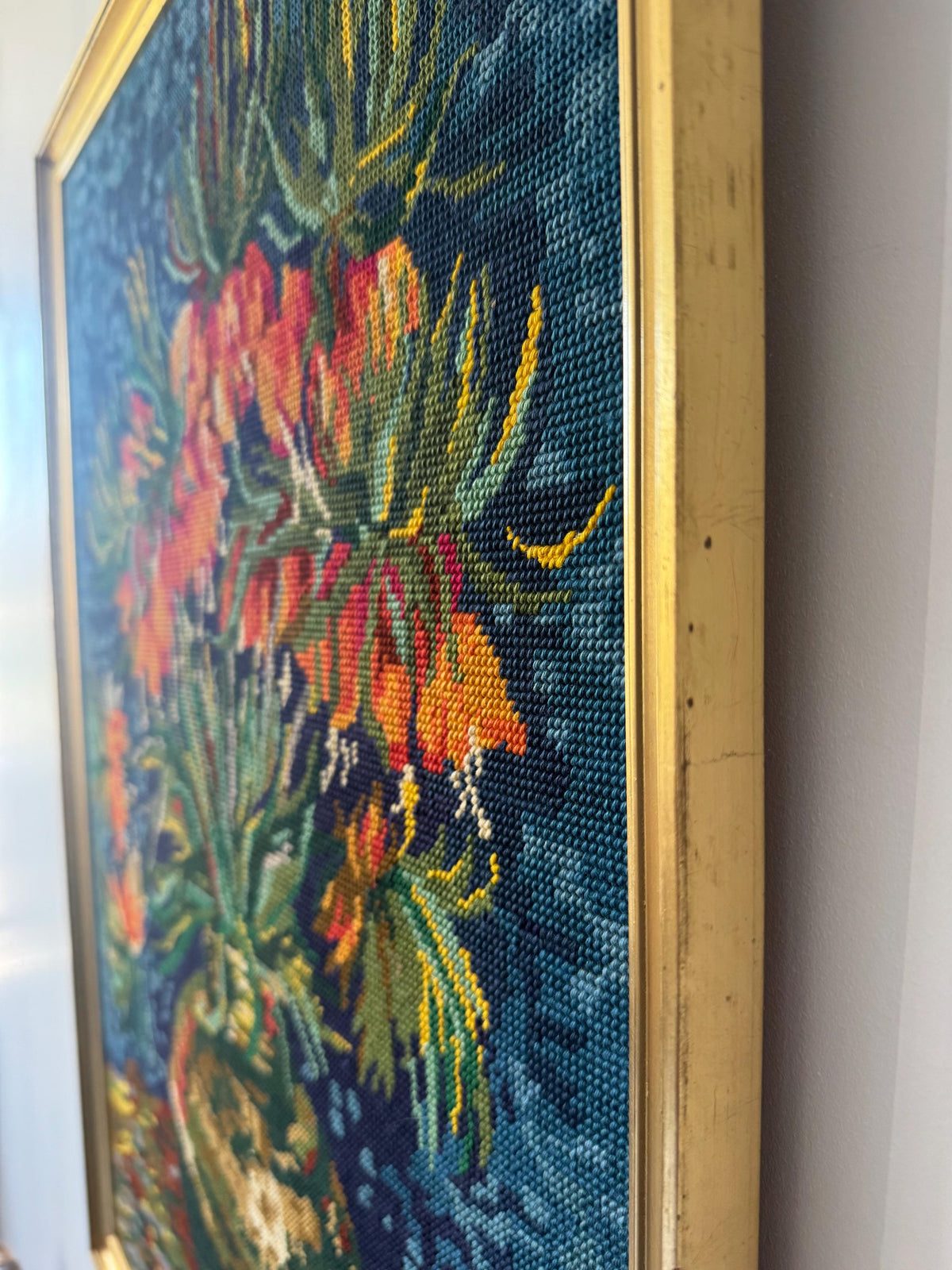 Tableau fleur broderie canevas vintage
