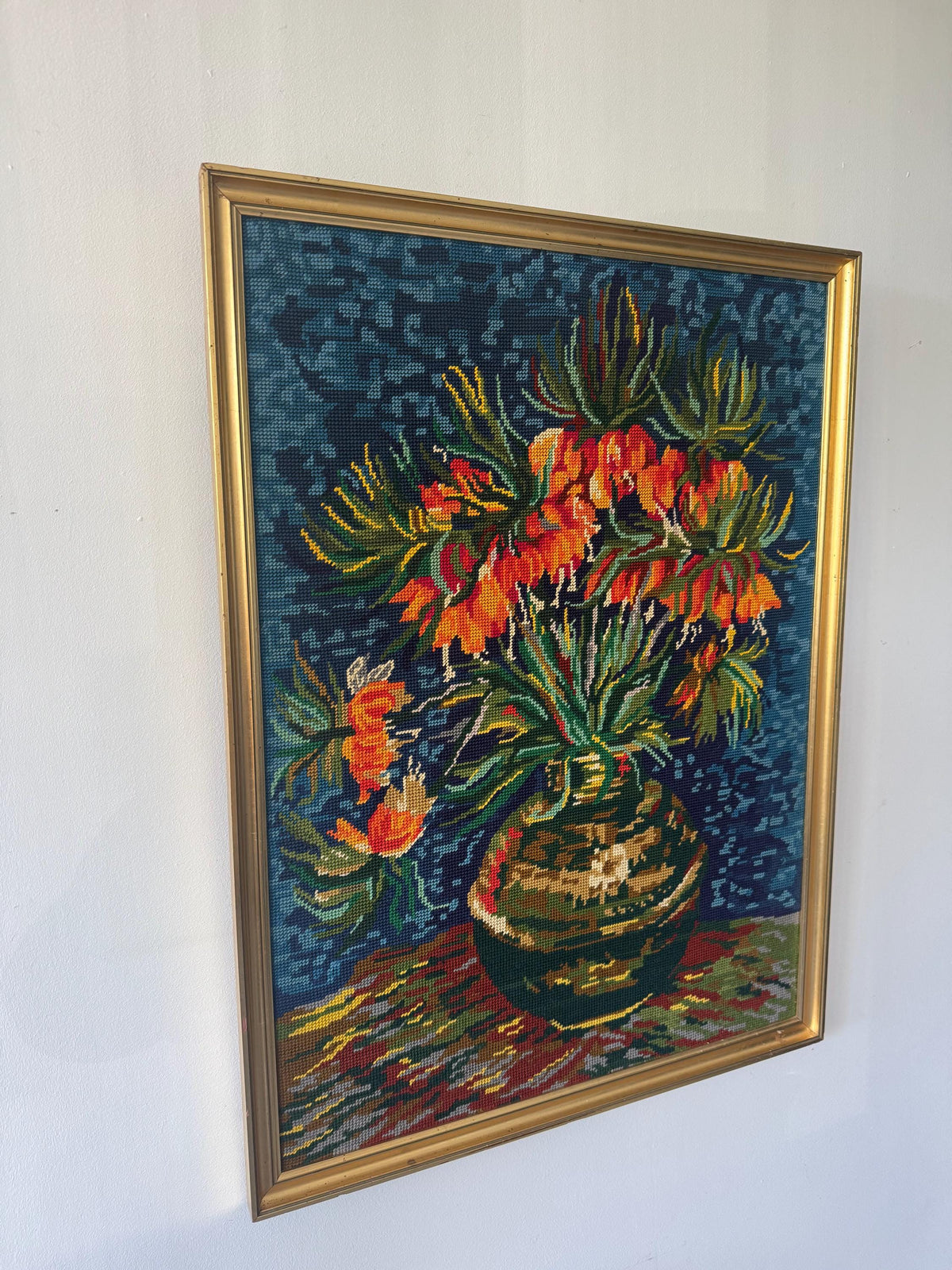 Tableau fleur broderie canevas vintage
