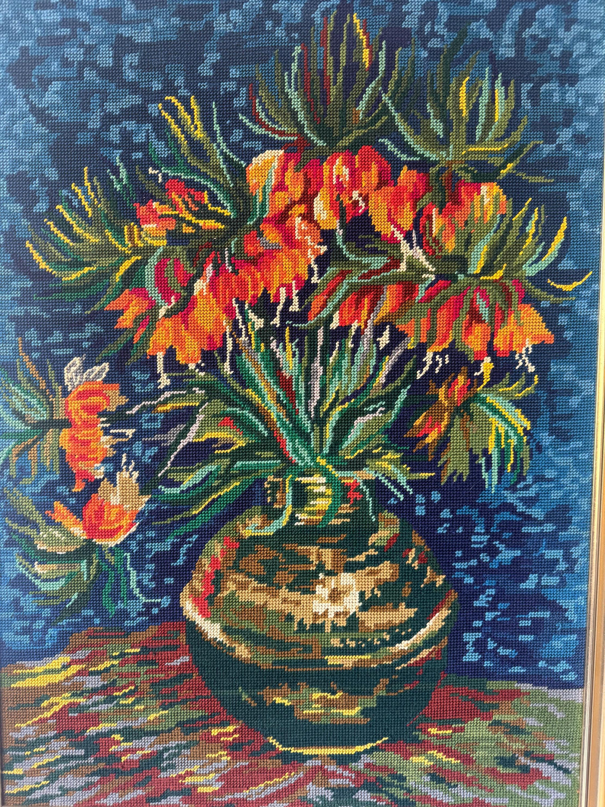 Tableau fleur broderie canevas vintage