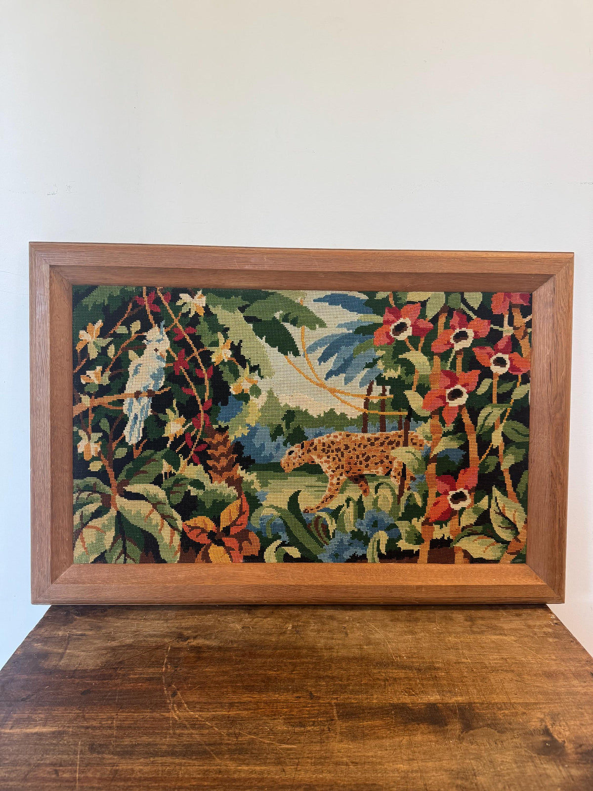 Tableau jungle broderie canevas vintage