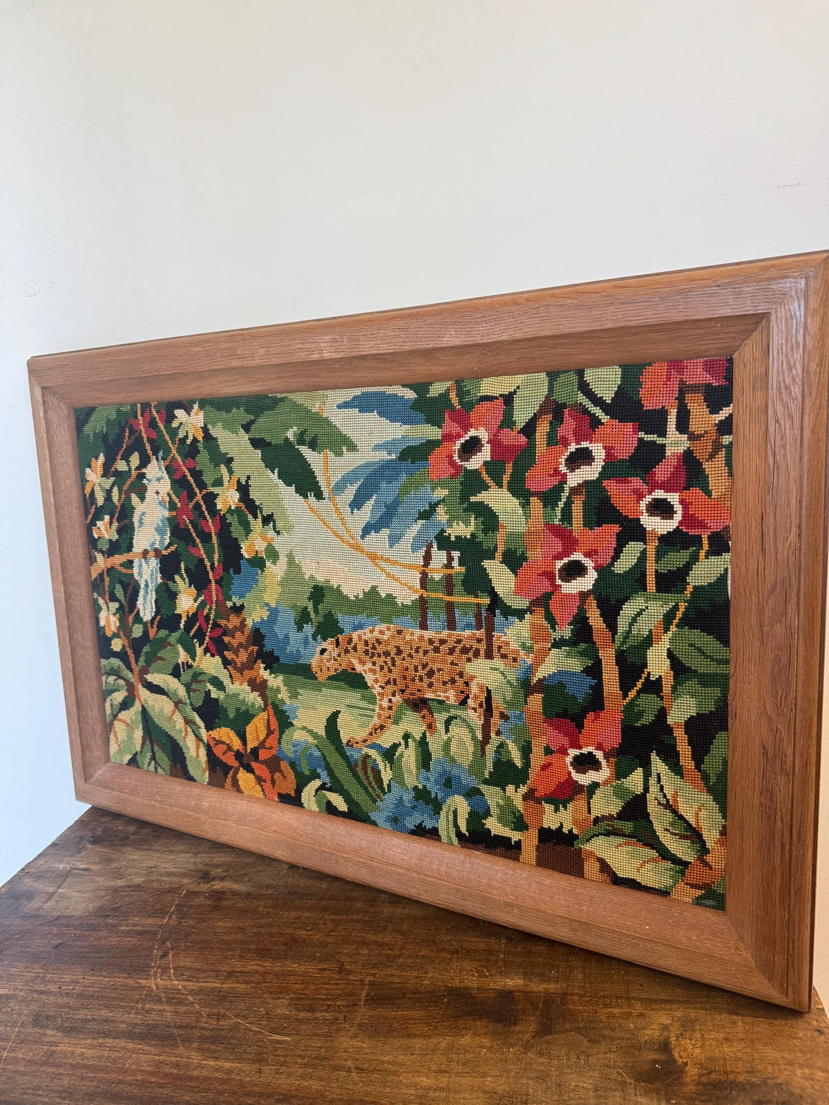Tableau jungle broderie canevas vintage