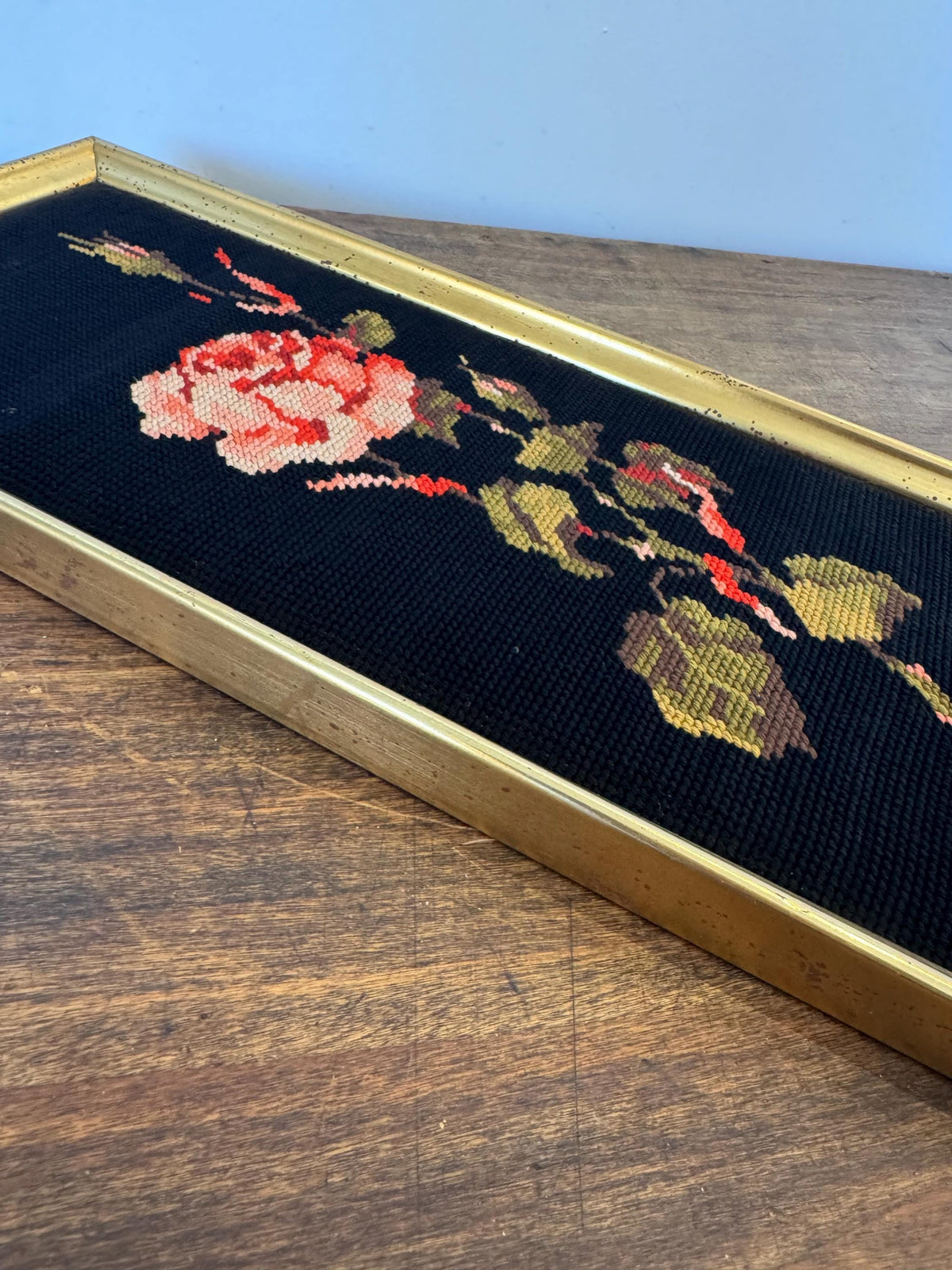 Canevas roses vintage paire tableaux fleurs fond noir