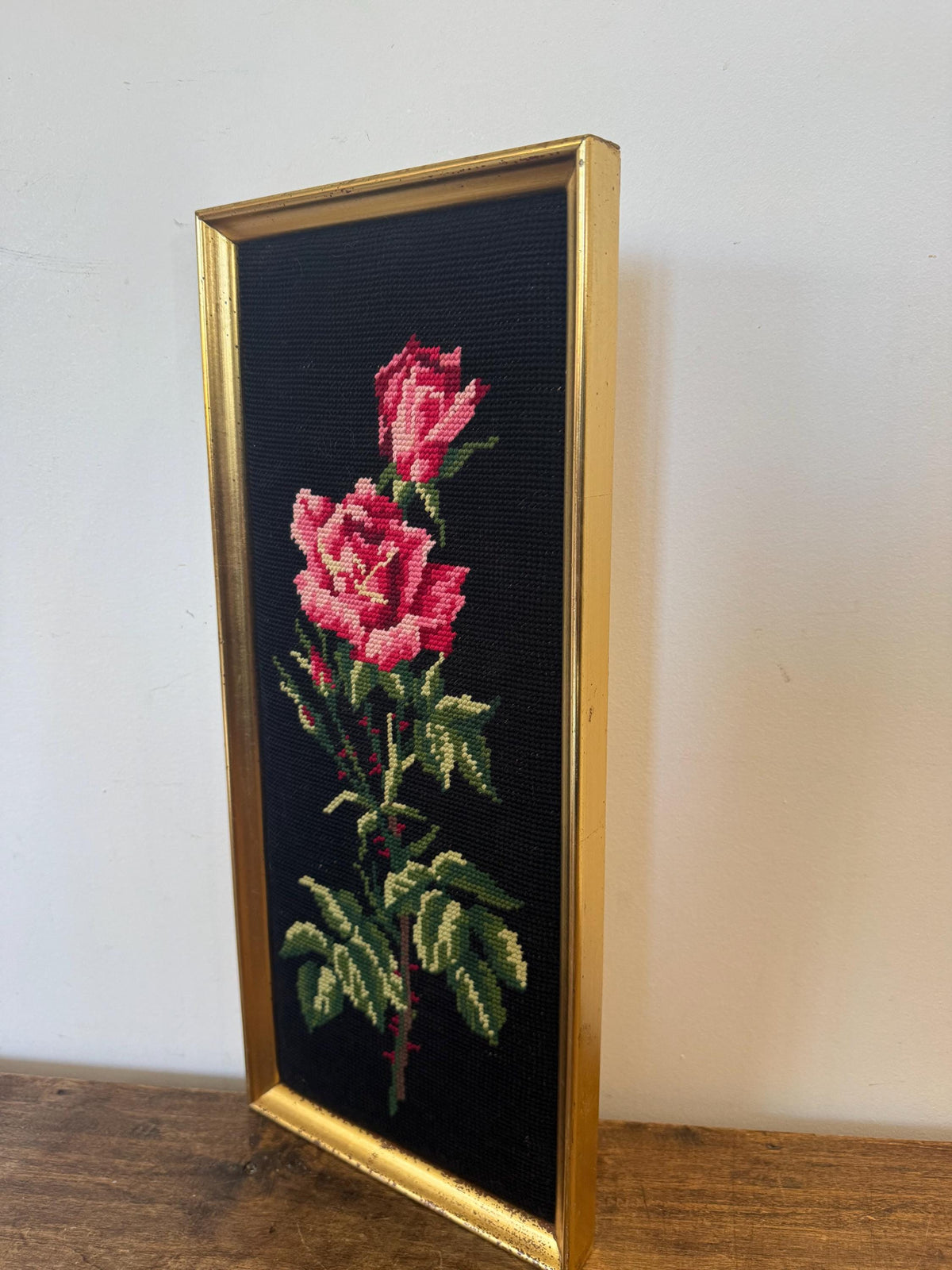 Canevas roses vintage paire tableaux fleurs fond noir