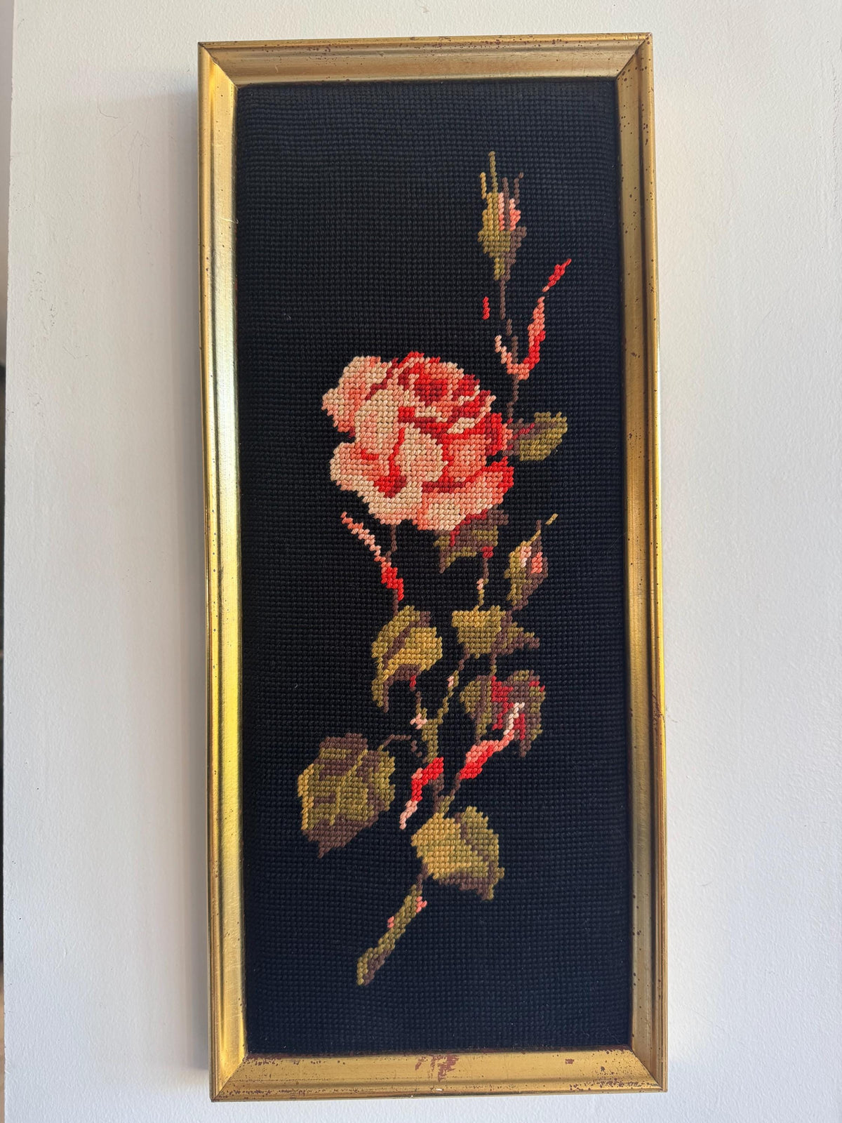 Canevas roses vintage paire tableaux fleurs fond noir