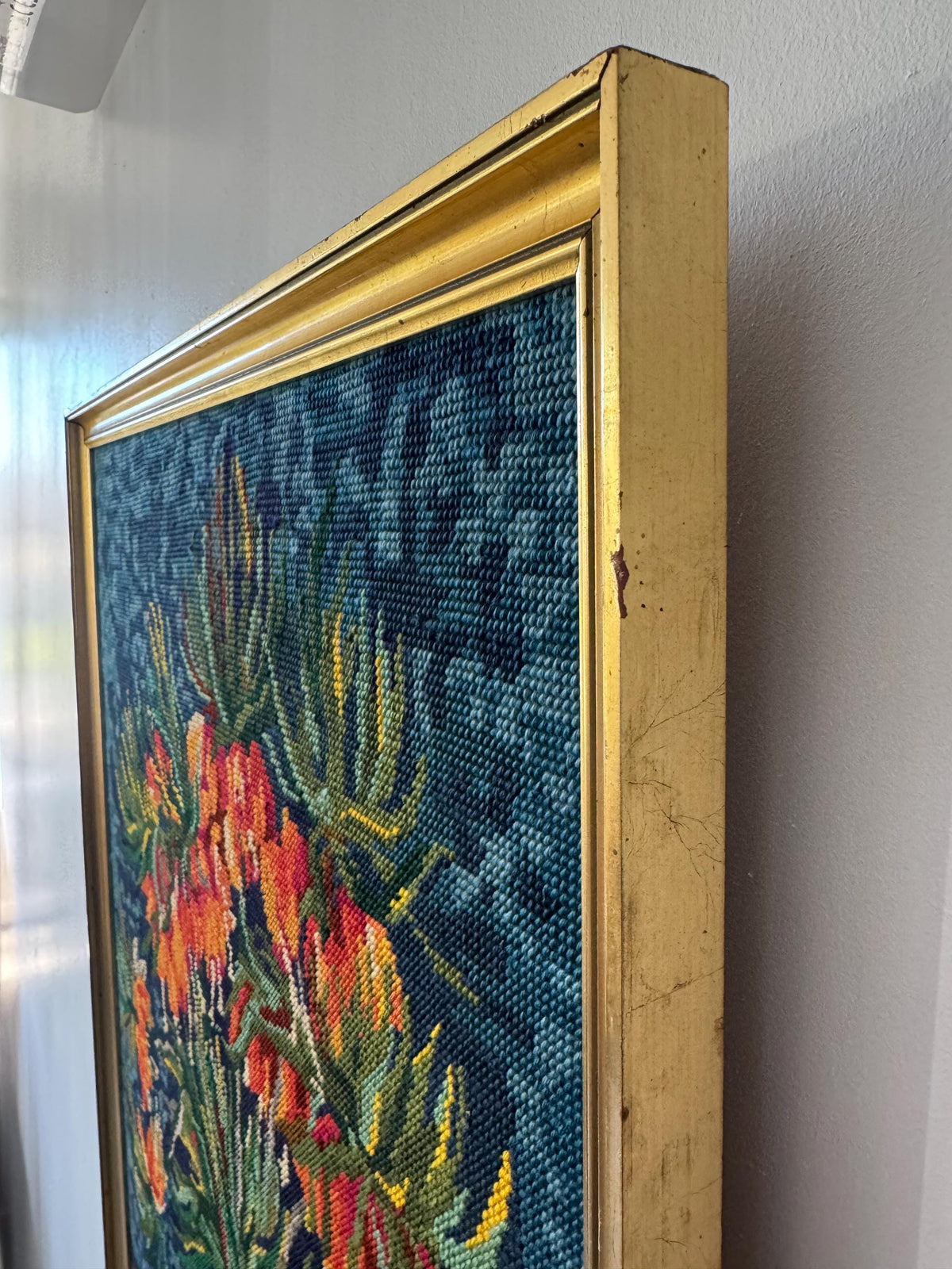 Tableau fleur broderie canevas vintage