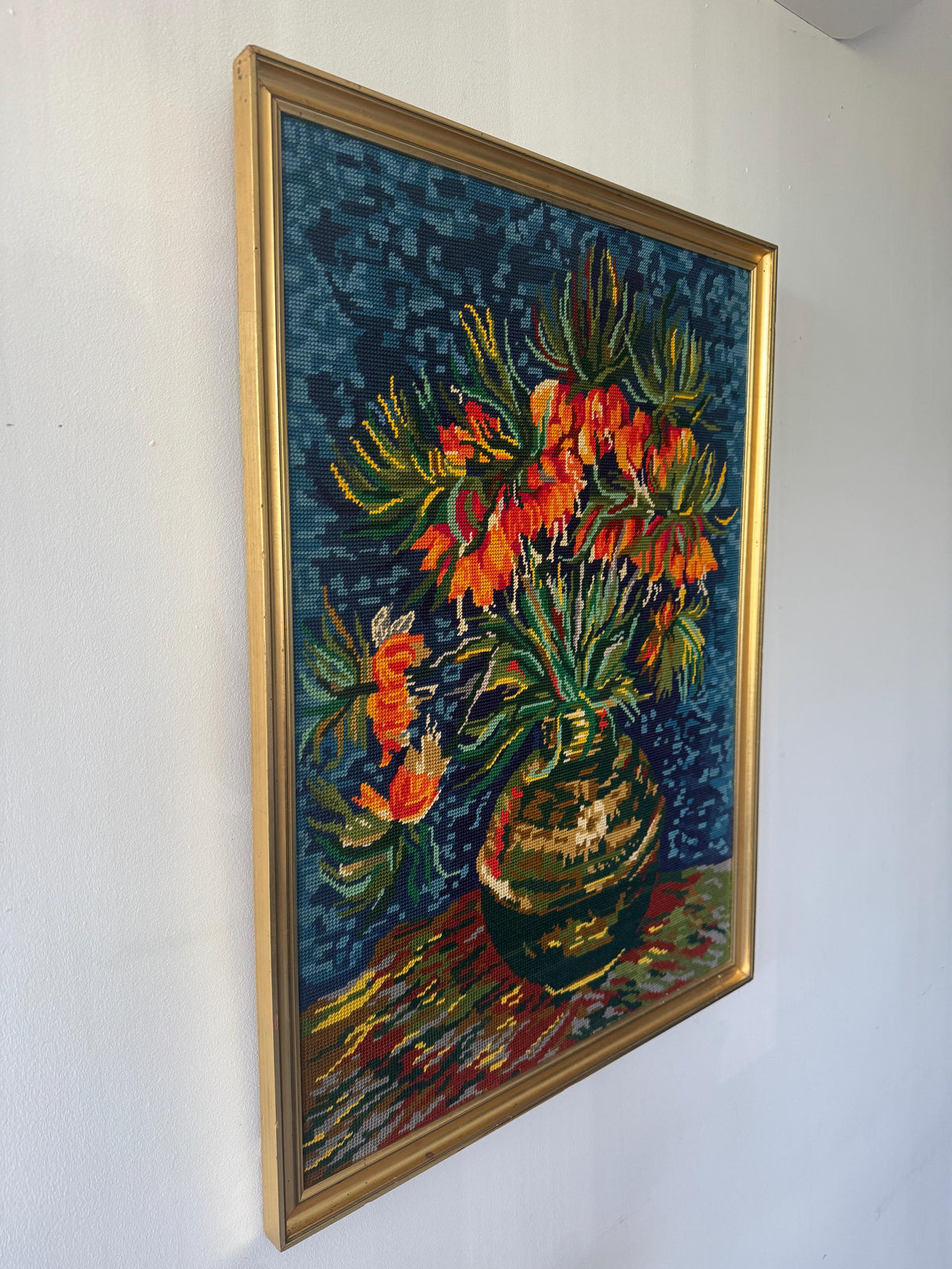 Tableau fleur broderie canevas vintage