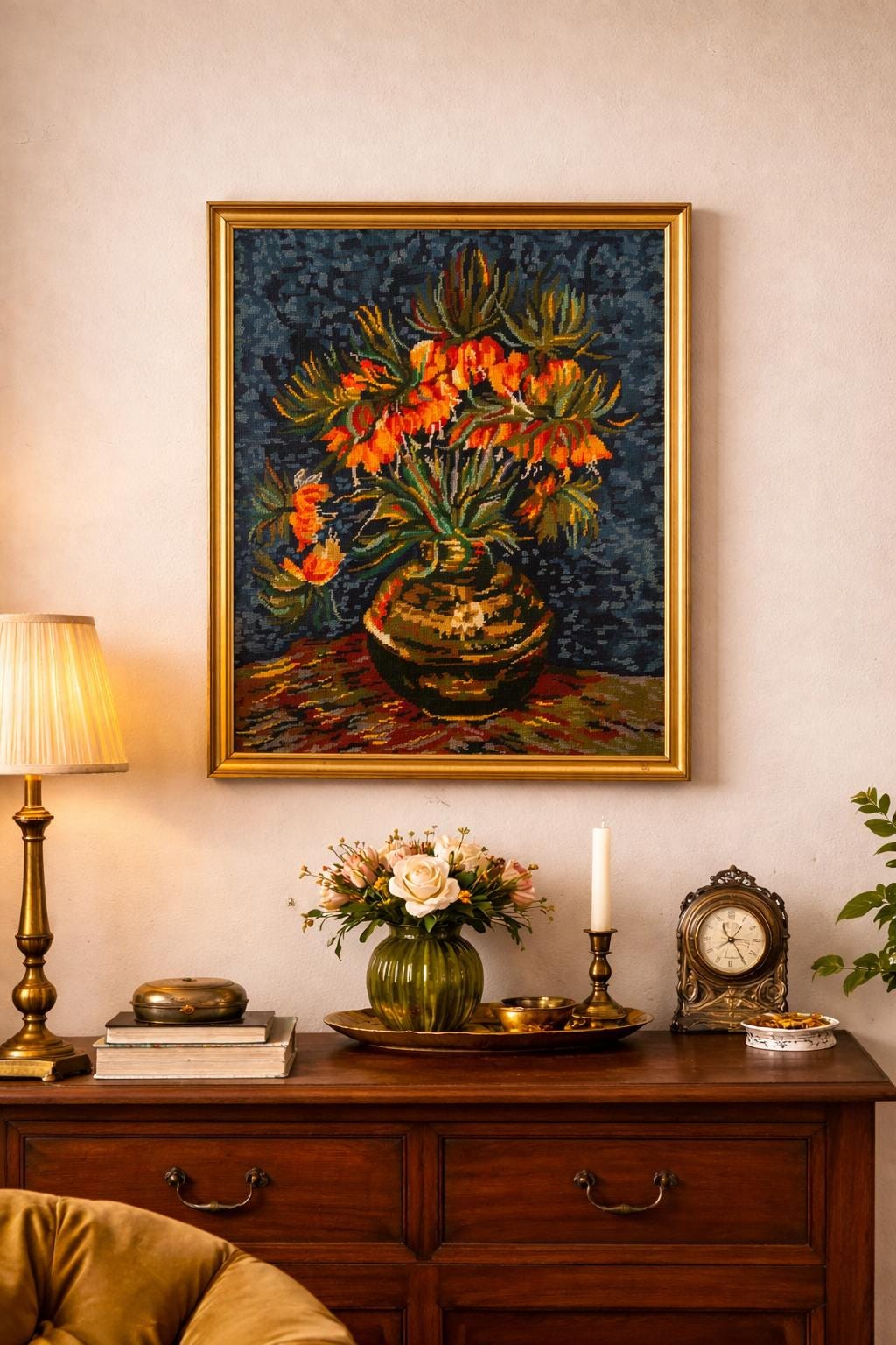 Tableau fleur broderie canevas vintage
