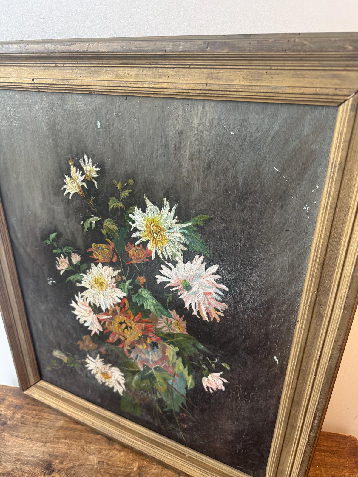 Tableau peinture fleurs vintage cadre doré