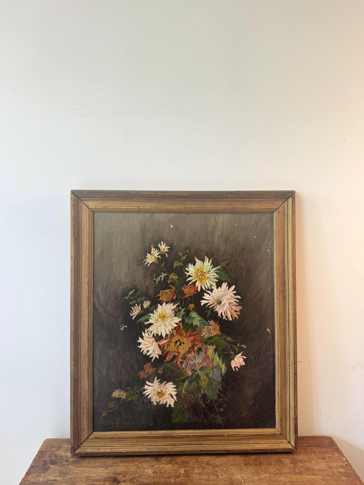 Tableau peinture fleurs vintage cadre doré