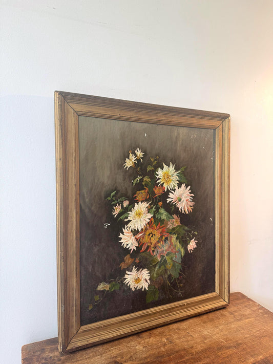 Tableau peinture fleurs vintage cadre doré
