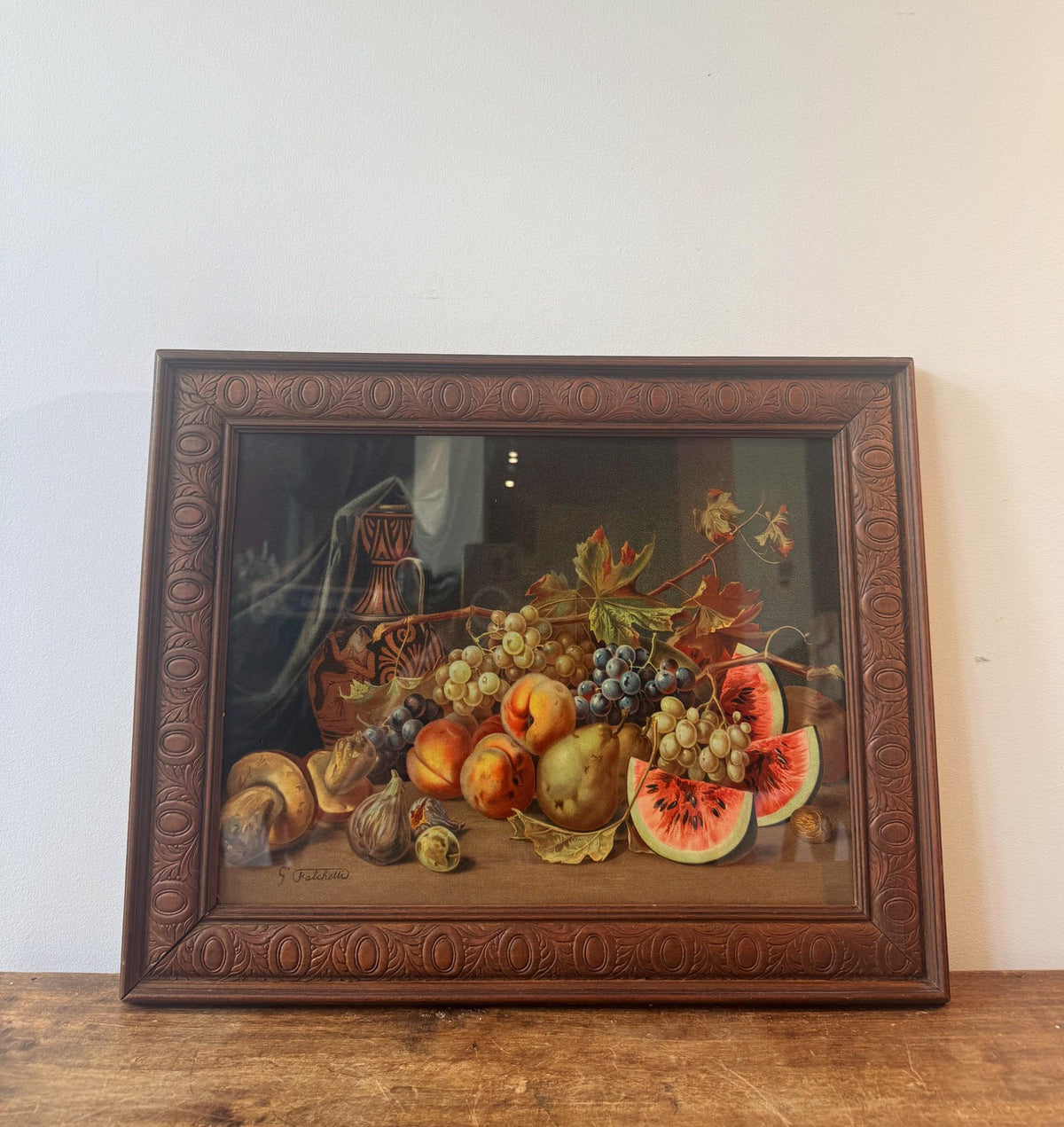 Tableau nature morte cadre bois vintage