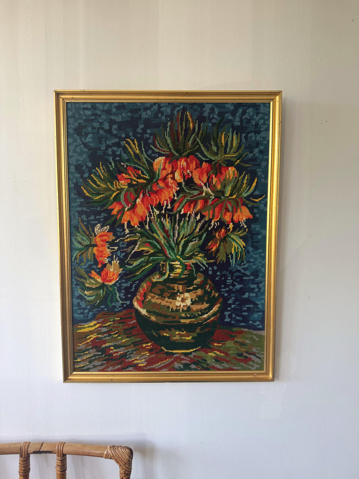Tableau fleur broderie canevas vintage