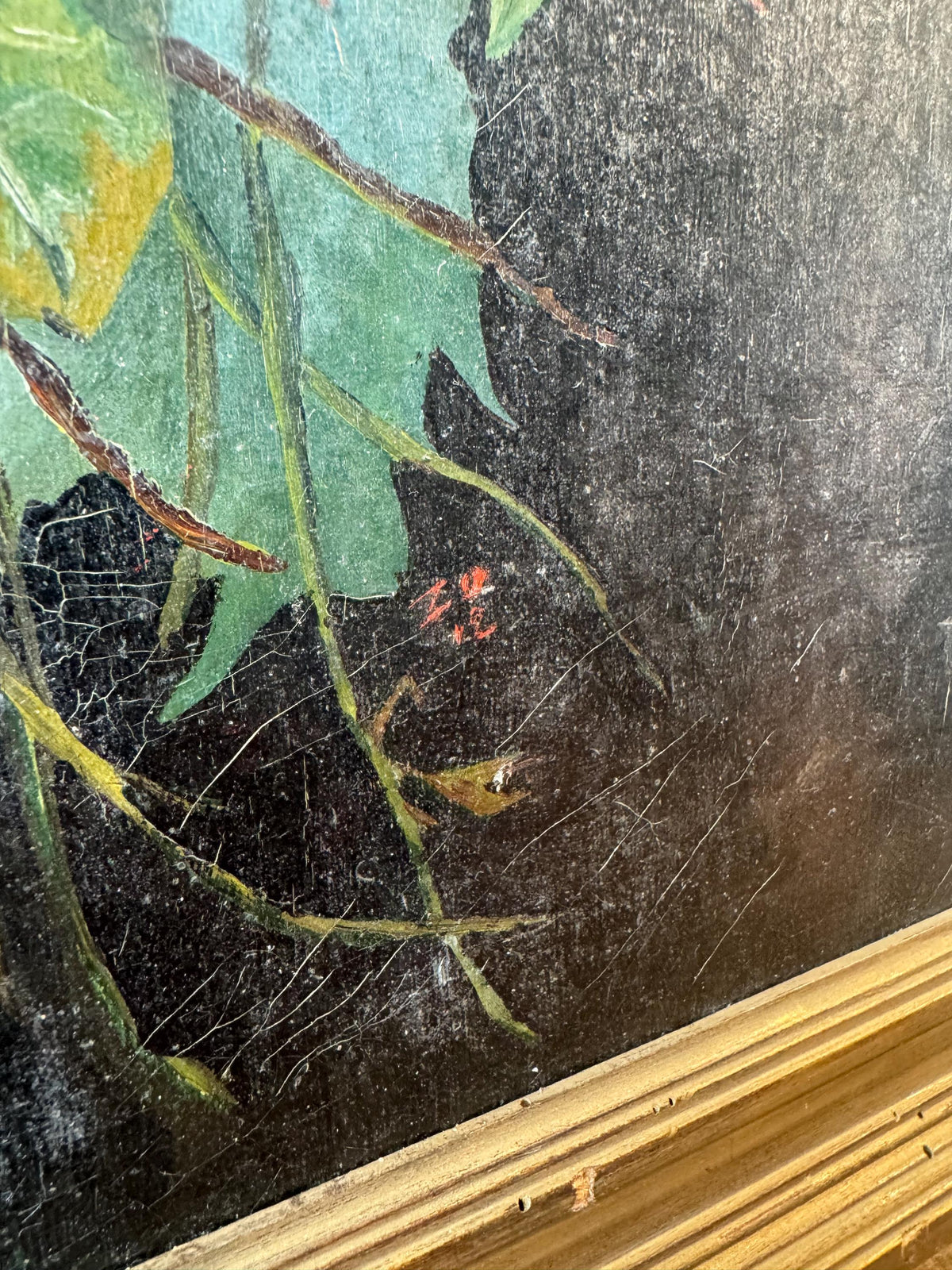 Tableau peinture fleurs vintage cadre doré