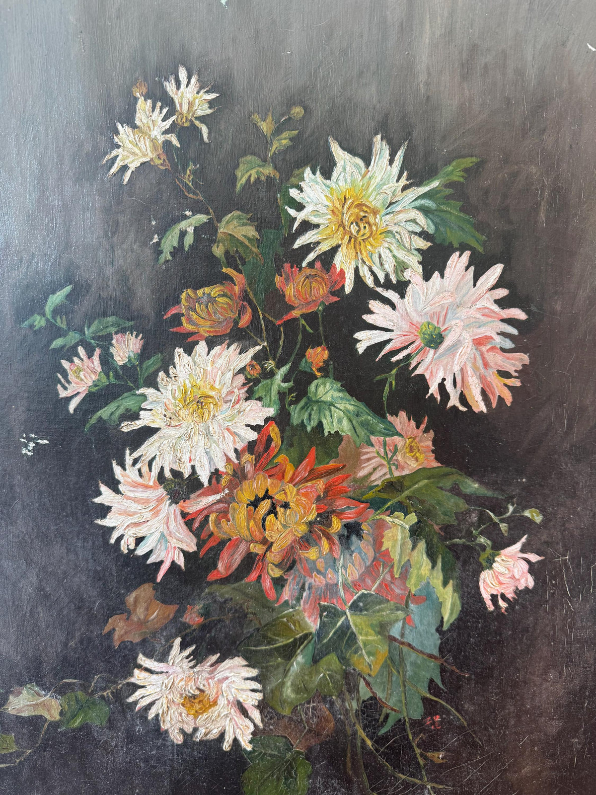 Tableau peinture fleurs vintage cadre doré
