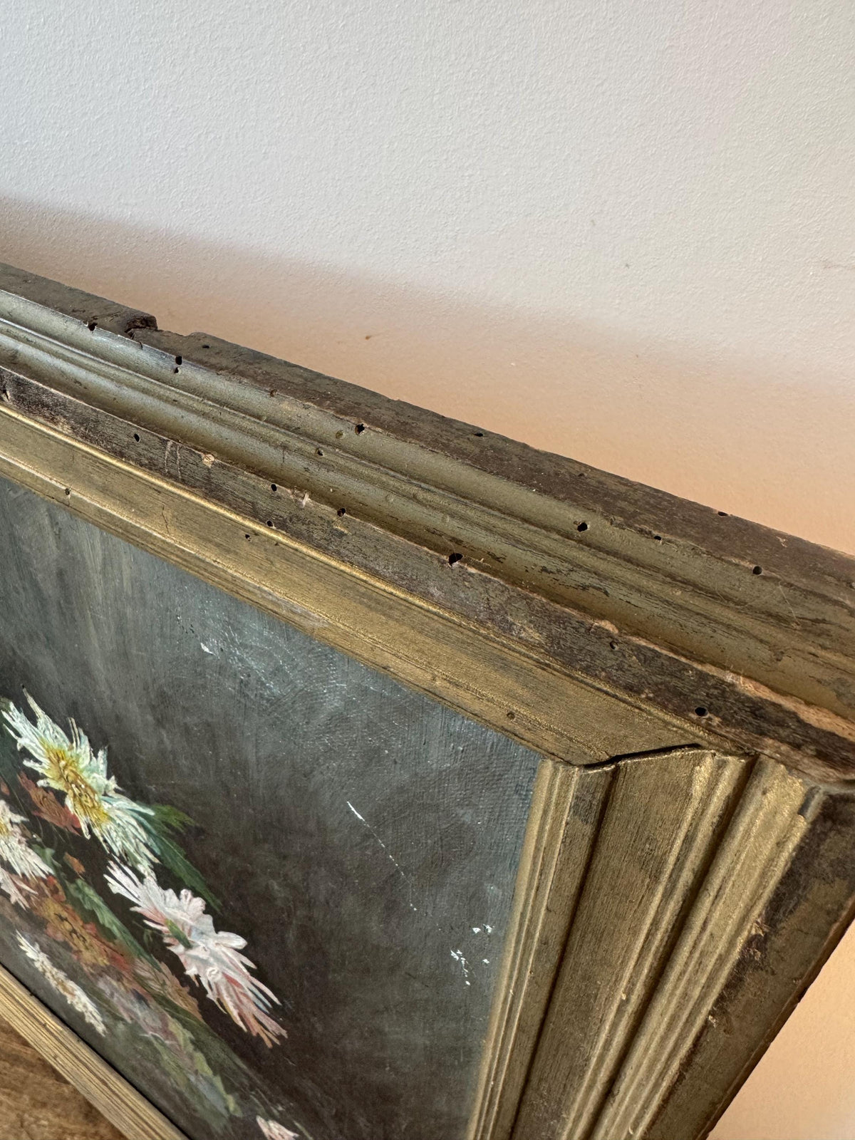 Tableau peinture fleurs vintage cadre doré