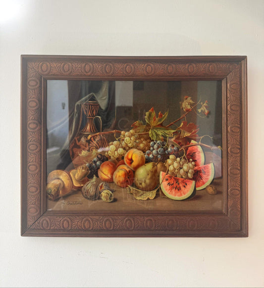 Tableau nature morte cadre bois vintage