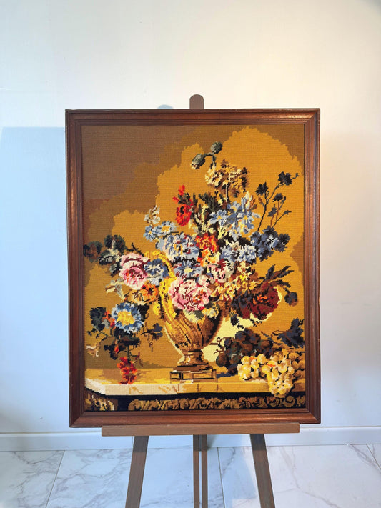 Tableau fleur broderie canevas vintage