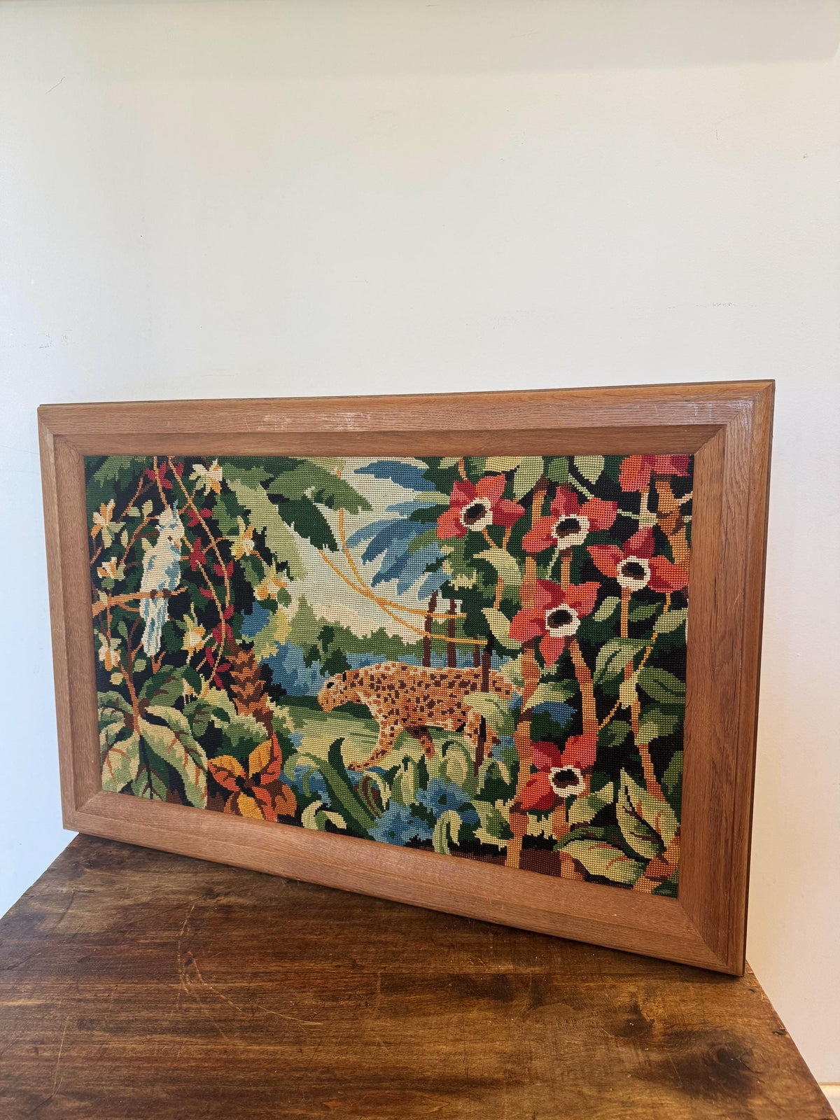 Tableau jungle broderie canevas vintage