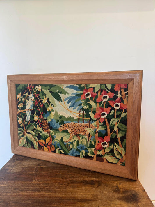 Tableau jungle broderie canevas vintage