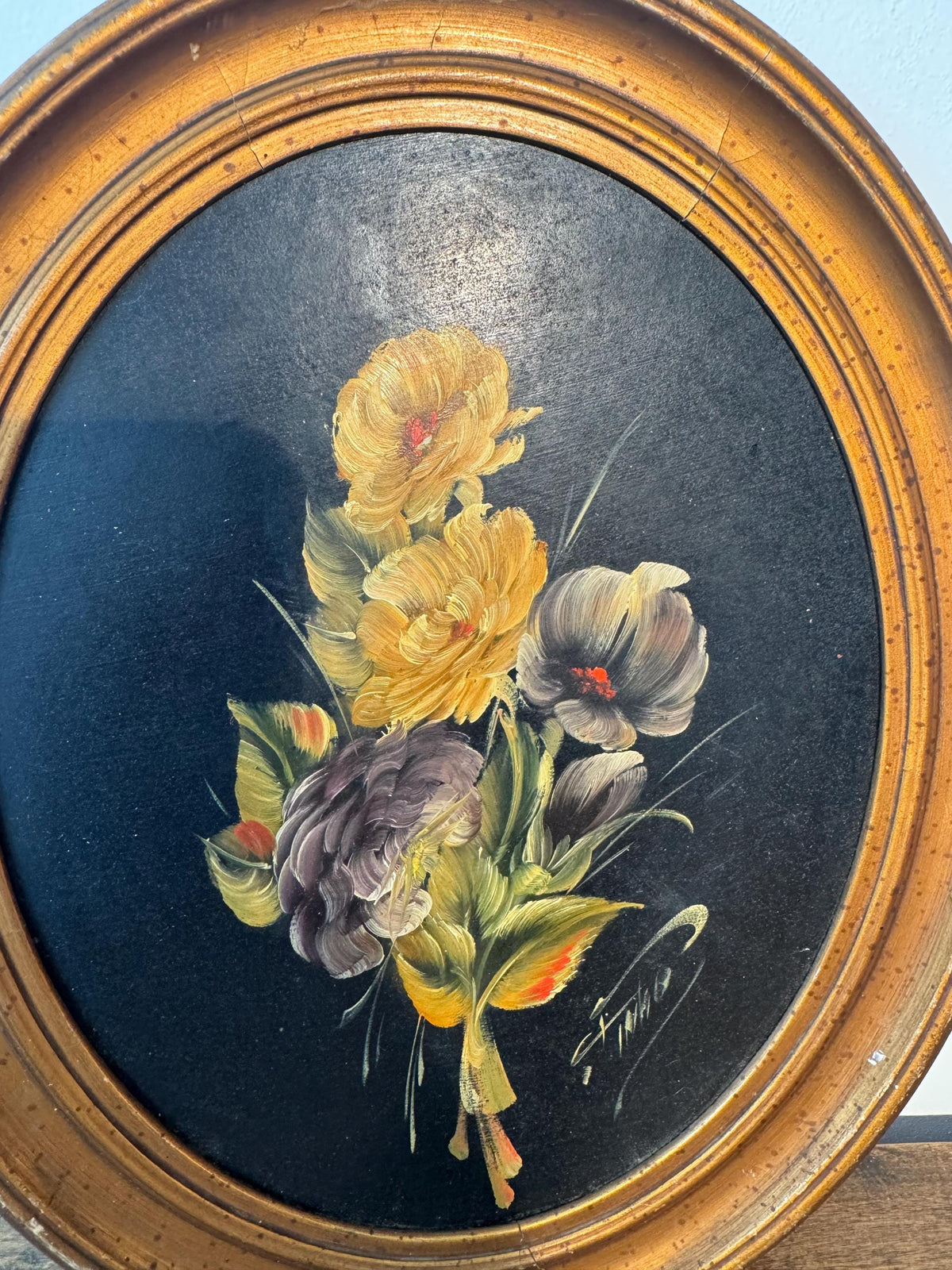 Tableau rond fleur peinture cadre doré