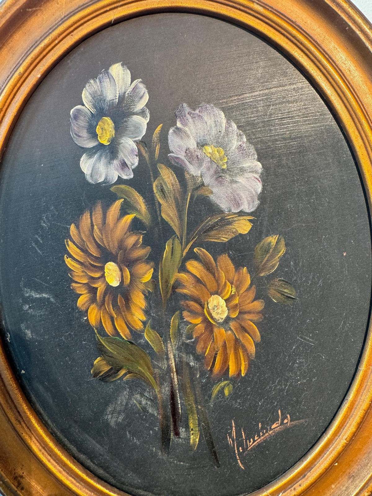 Tableau rond fleur peinture cadre doré