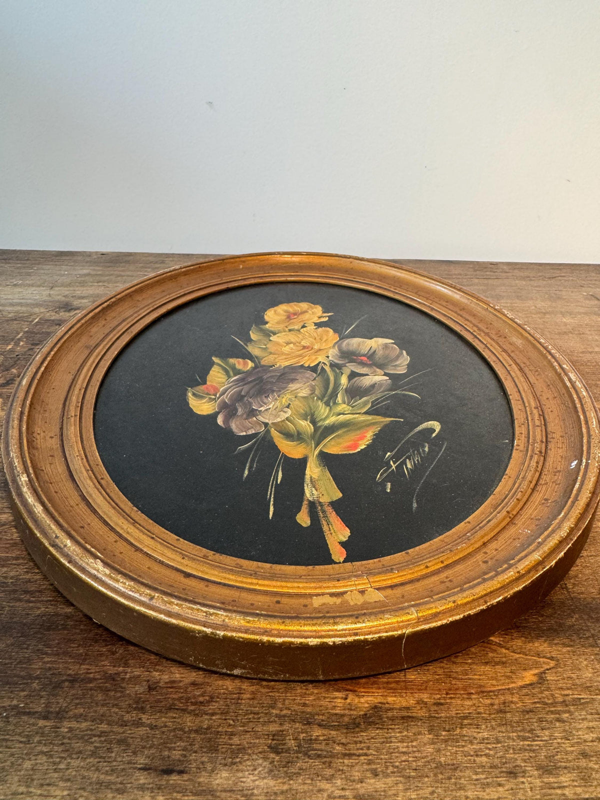 Tableau rond fleur peinture cadre doré