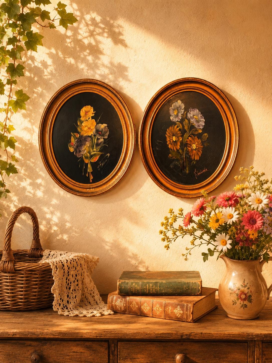 Tableau rond fleur peinture cadre doré