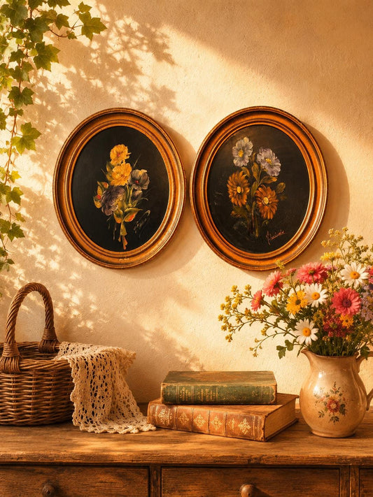 Tableau rond fleur peinture cadre doré