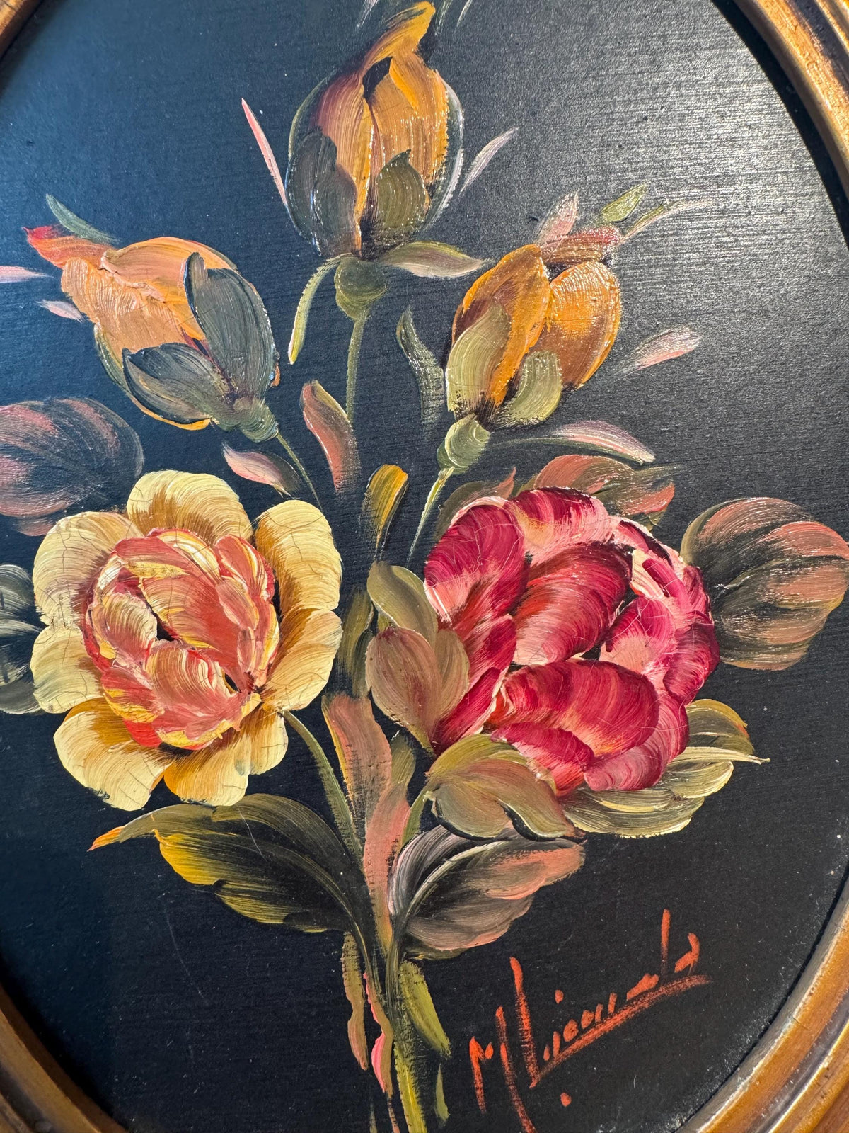 Peinture fleurs oval tableau doré