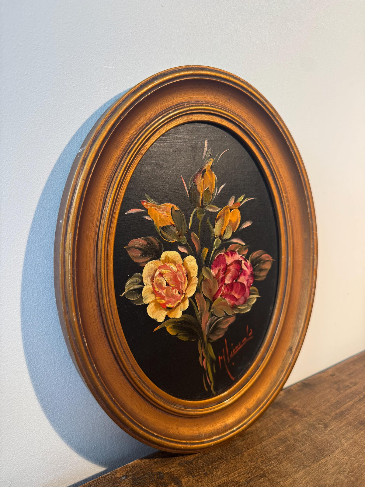 Peinture fleurs oval tableau doré