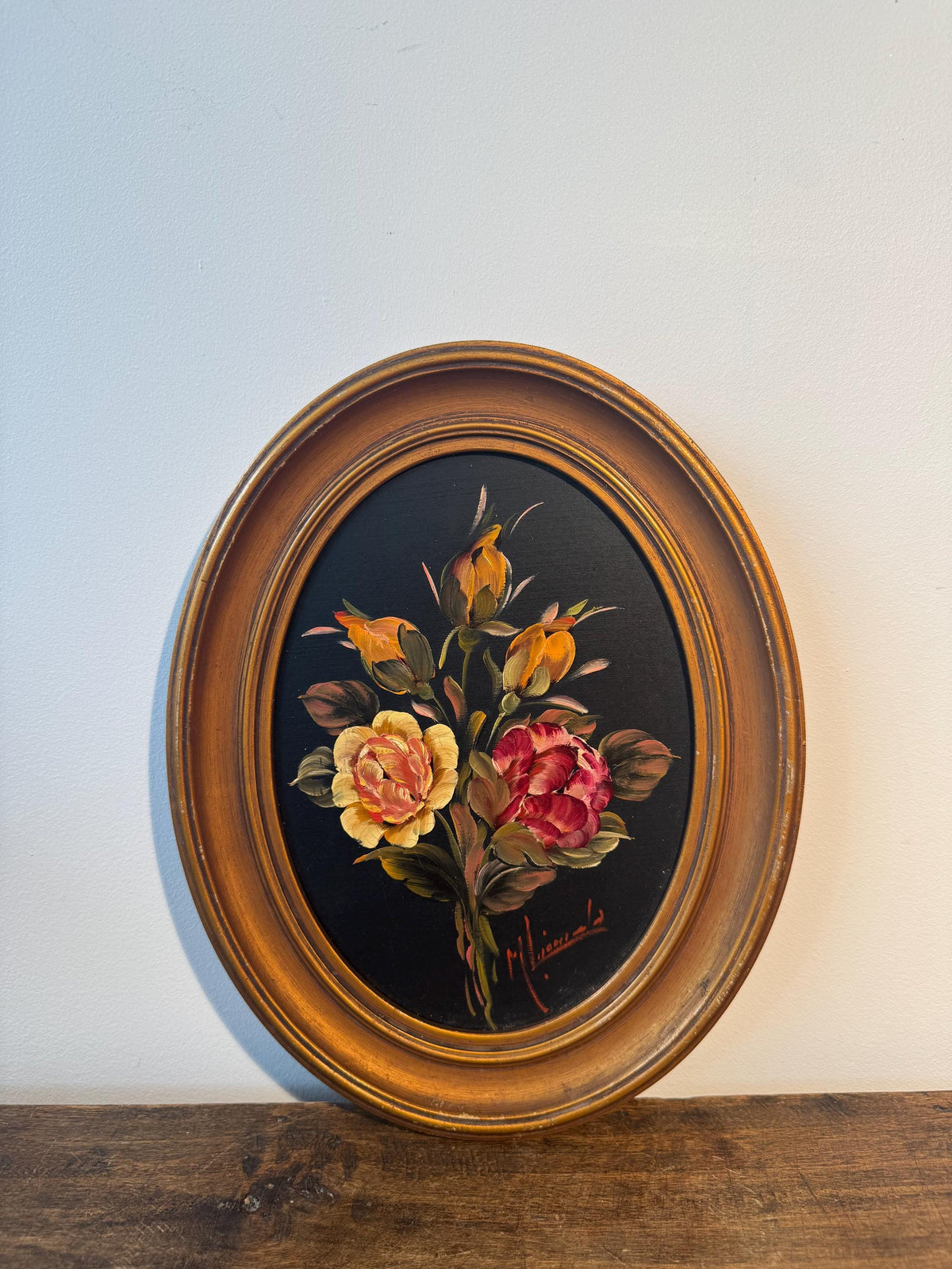Peinture fleurs oval tableau doré