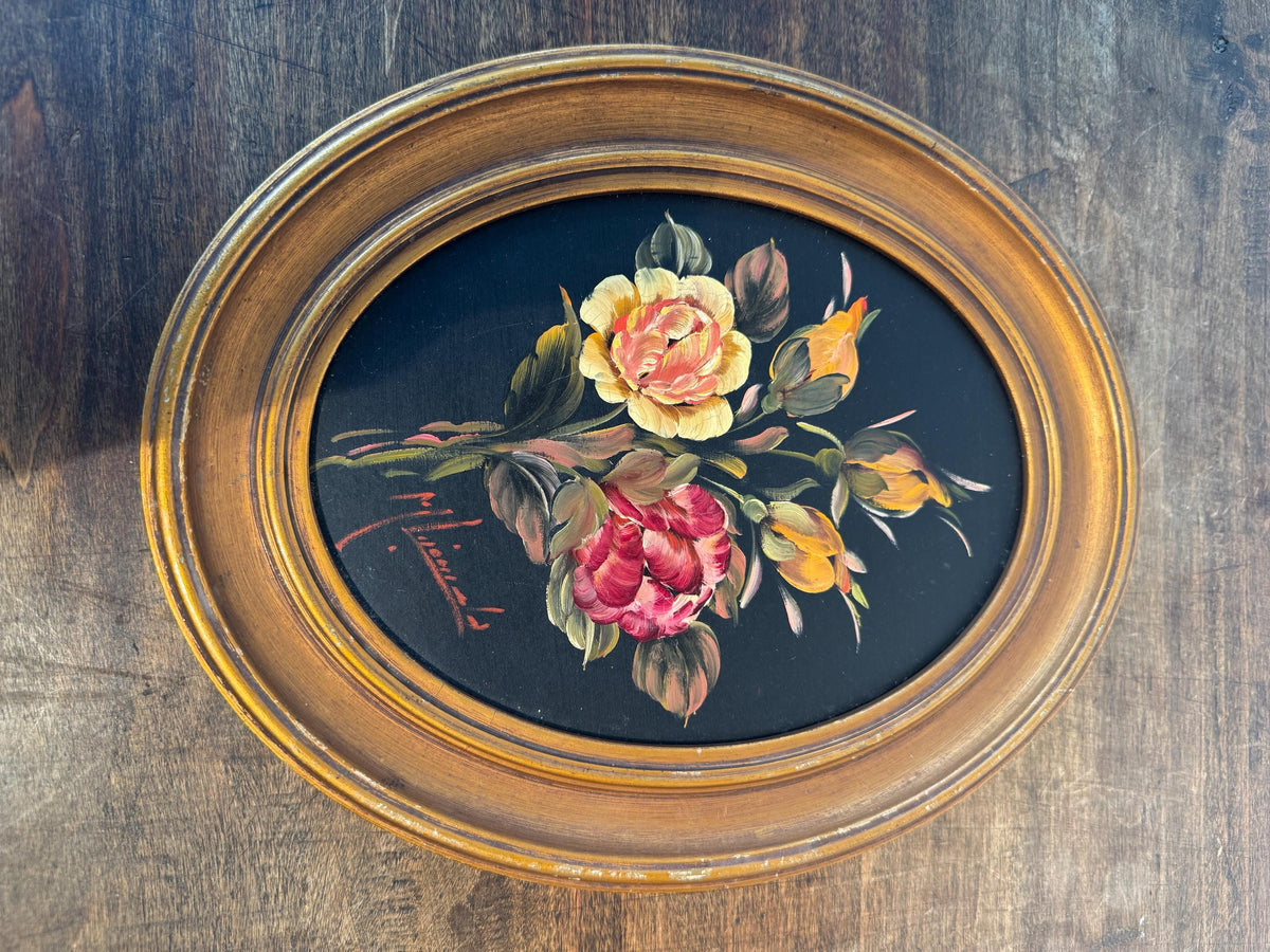 Peinture fleurs oval tableau doré